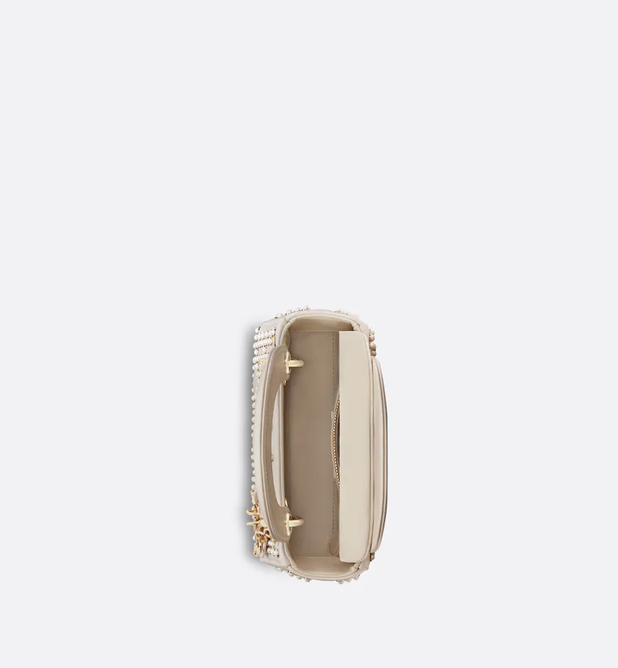 DIOR / MINI LADY DIOR BAG Latte Crinkle-Effect Lambskin with White Resin Half-Pearl Cannage Motif M0505OWFX_M941 - LITELUX