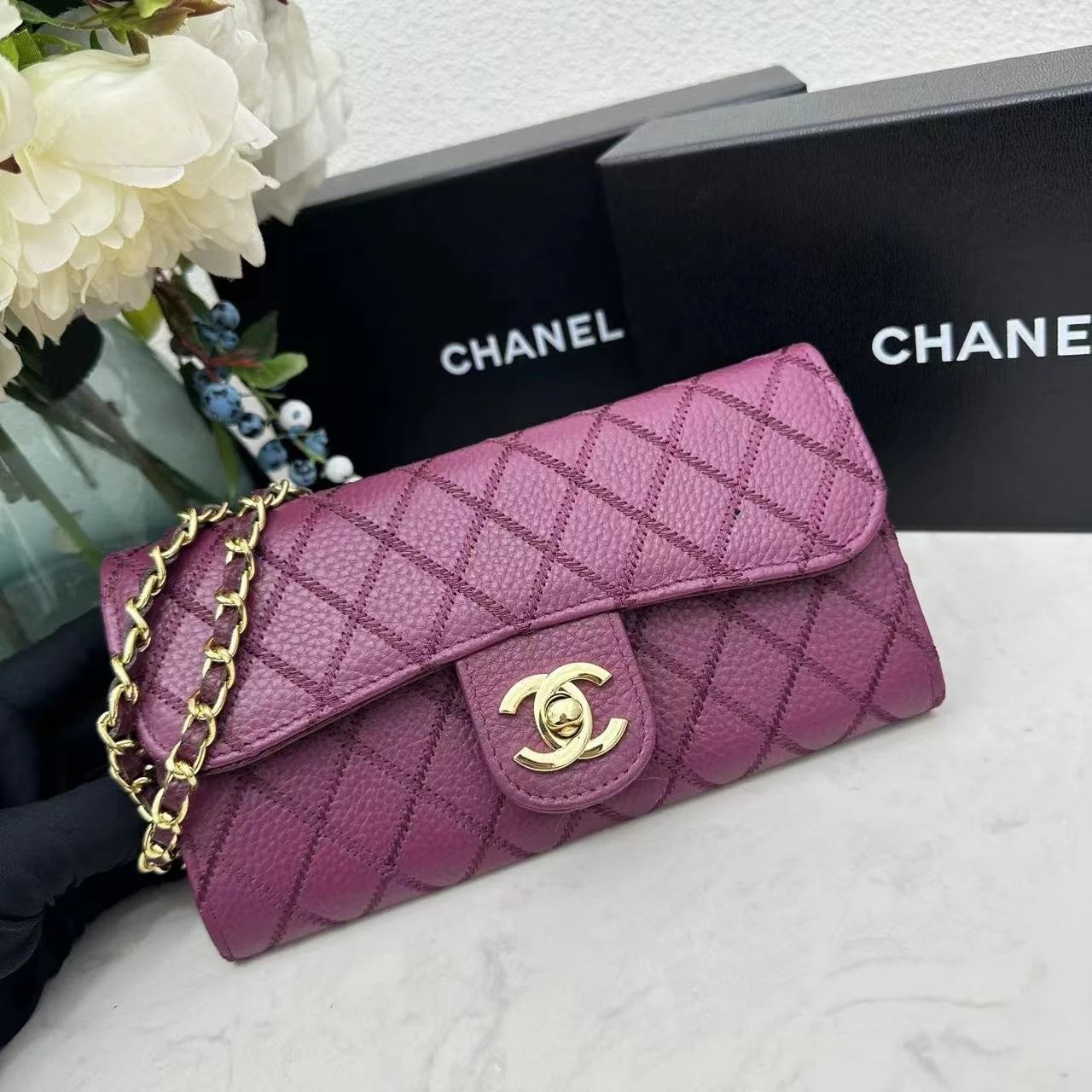 Chanel chain crossbody bag diamond and litchi cowhide purple 50098 size: 19*10*3.5cm - LITELUX