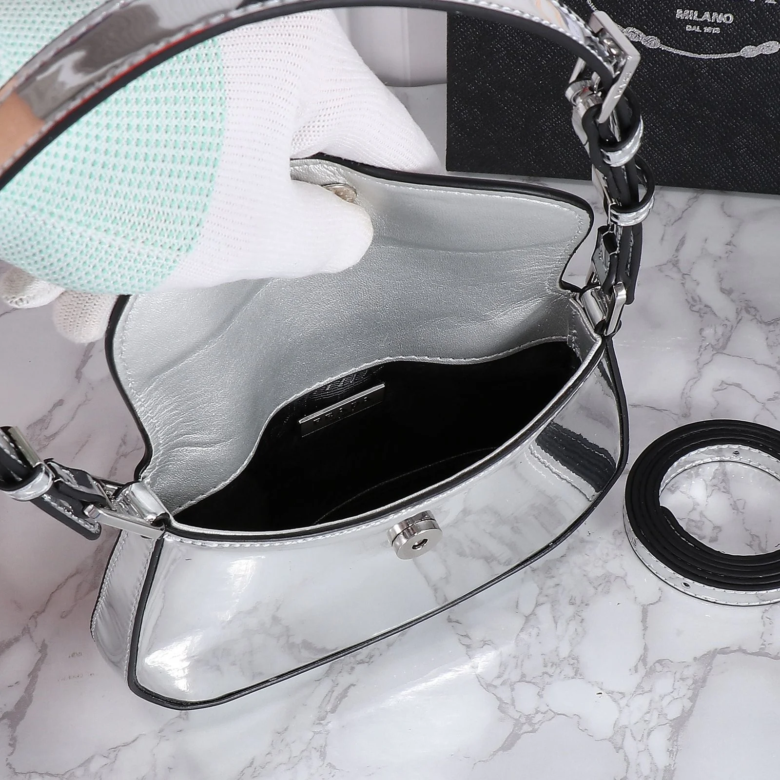 Prada hobo cleo Patent leather 611 sliver size:22*13cm - LITELUX