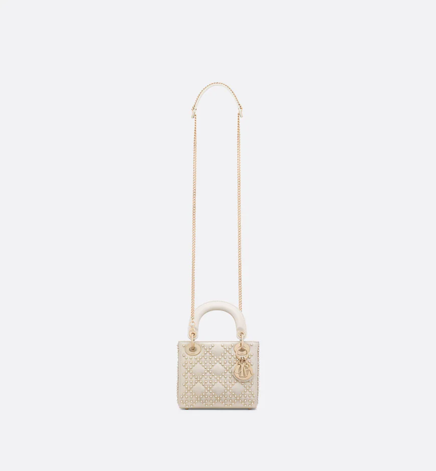 DIOR / MINI LADY DIOR BAG Latte Crinkle-Effect Lambskin with White Resin Half-Pearl Cannage Motif M0505OWFX_M941 - LITELUX