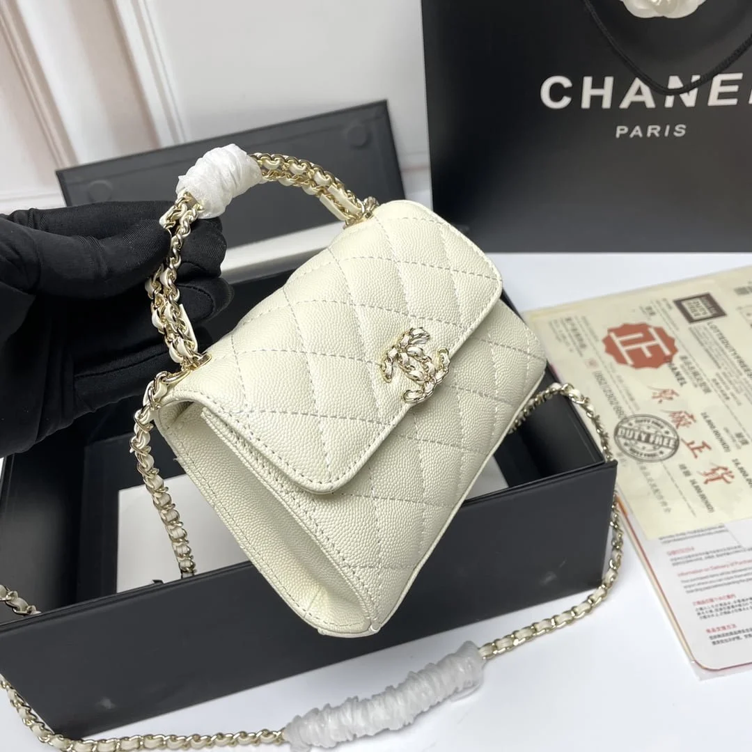Chanel Black Horse Kelly Lichee cowhide long handle bag 9100 white size:19*10*4.5cm - LITELUX