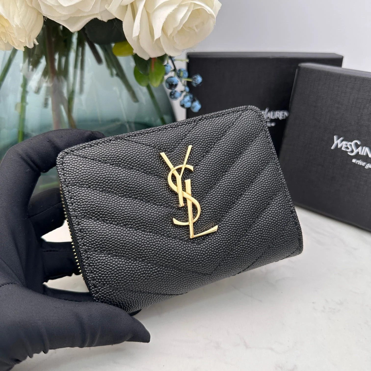 YSL Kat caviar Short round zip wallet 1890 black size: 12*10*3CM - LITELUX