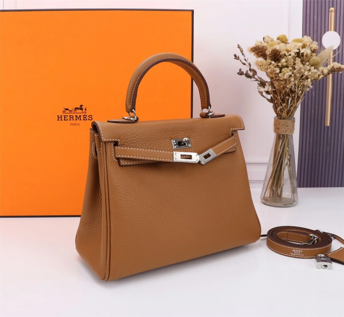 Hermès Kelly Togo Calf Sliver hardware Golden brown size: 25Cm/ 28Cm - LITELUX
