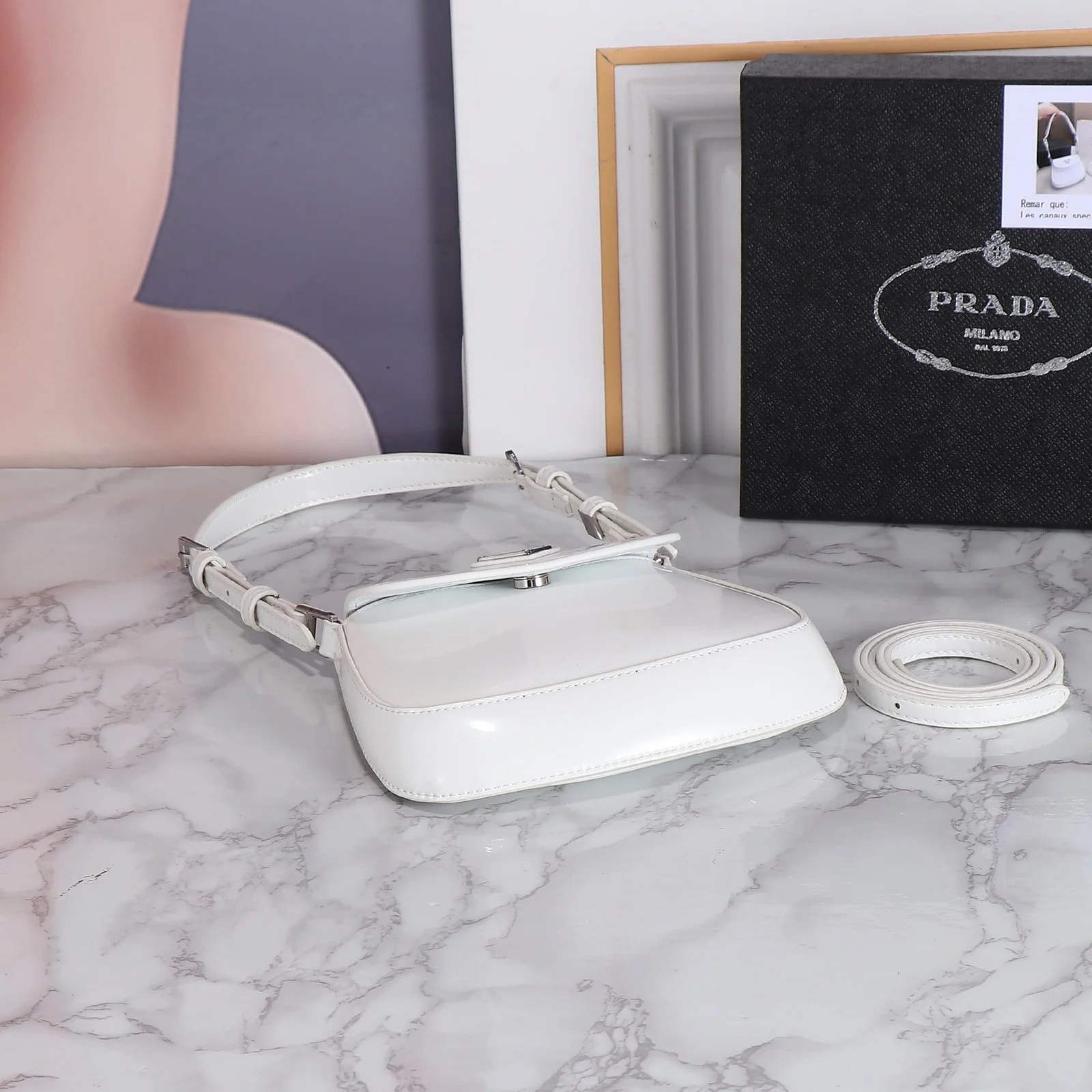 Prada hobo cleo Patent leather 611 white size:22*13cm - LITELUX