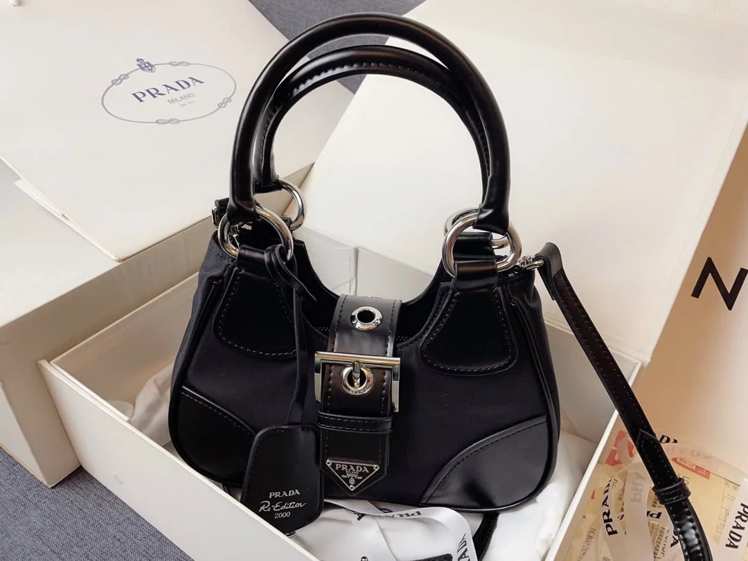 Prada Nylon and leather splice Underarm bag black 1BA381 size: 22.5cm - LITELUX