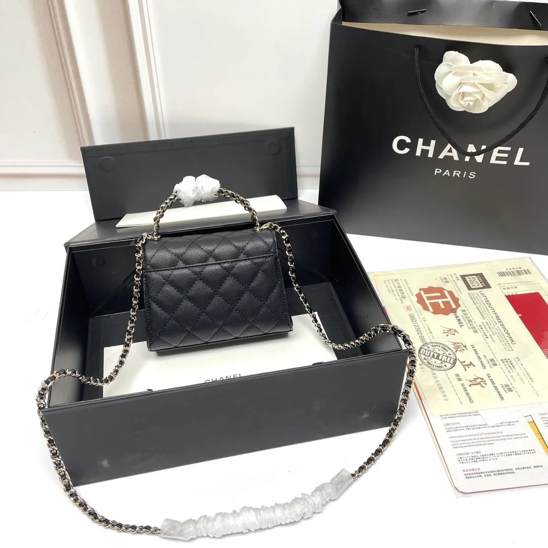 Chanel Black Horse Kelly Lichee cowhide long handle bag 9100 black size:19*10*4.5cm - LITELUX
