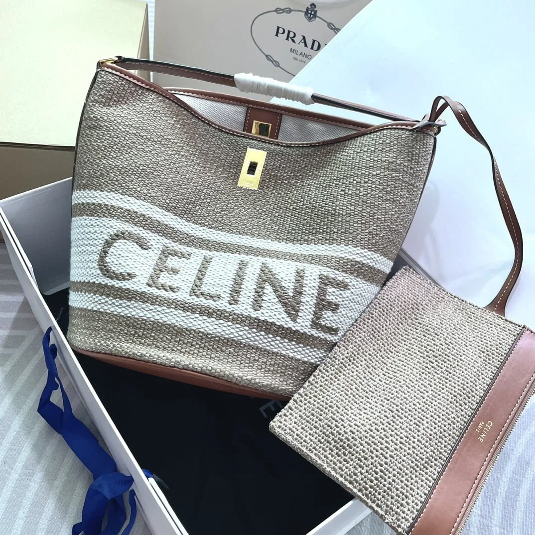 CELINE Mini jacquard stripe fabric cow leather bucket bag with little wallet Size:23*25*23CM - LITELUX