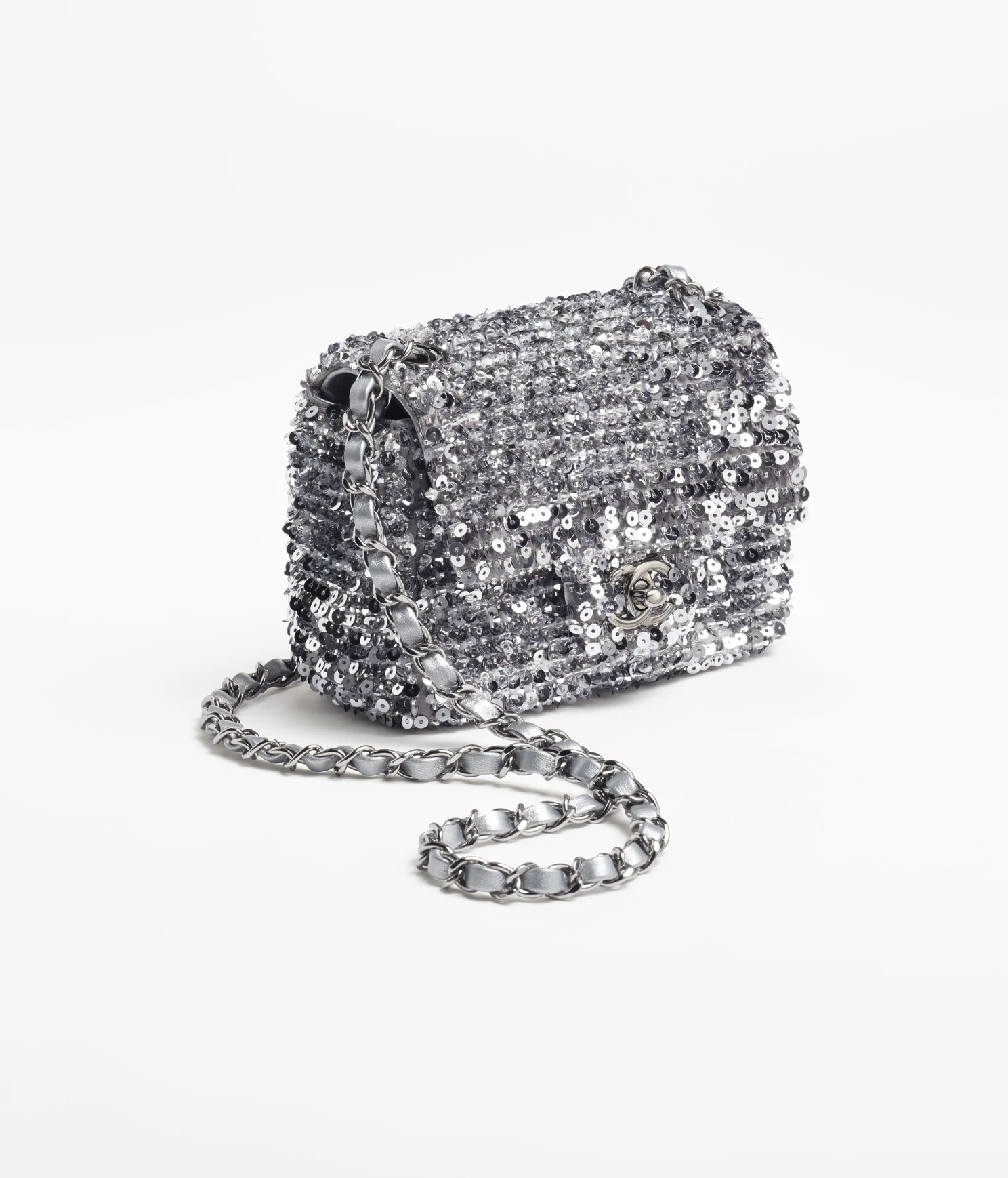 CHANEL / MINI FLAP BAG Embroidered Satin, Sequins, Glass Pearls & Ruthenium-Finish Metal Ref. AS4269 B13685 NQ843 Silver - LITELUX