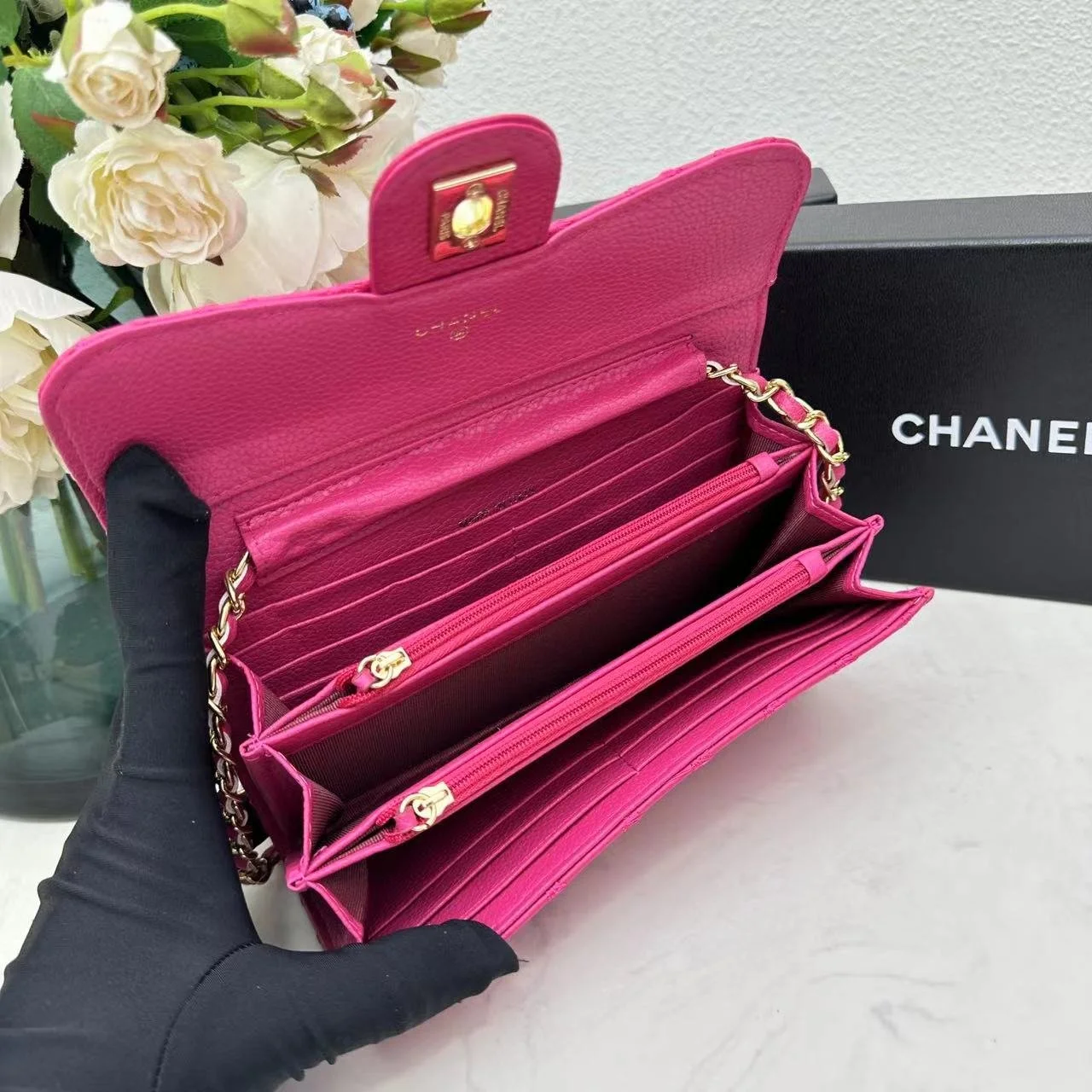 Chanel chain crossbody bag diamond and litchi cowhide Rose red 50098 size: 19*10*3.5cm - LITELUX