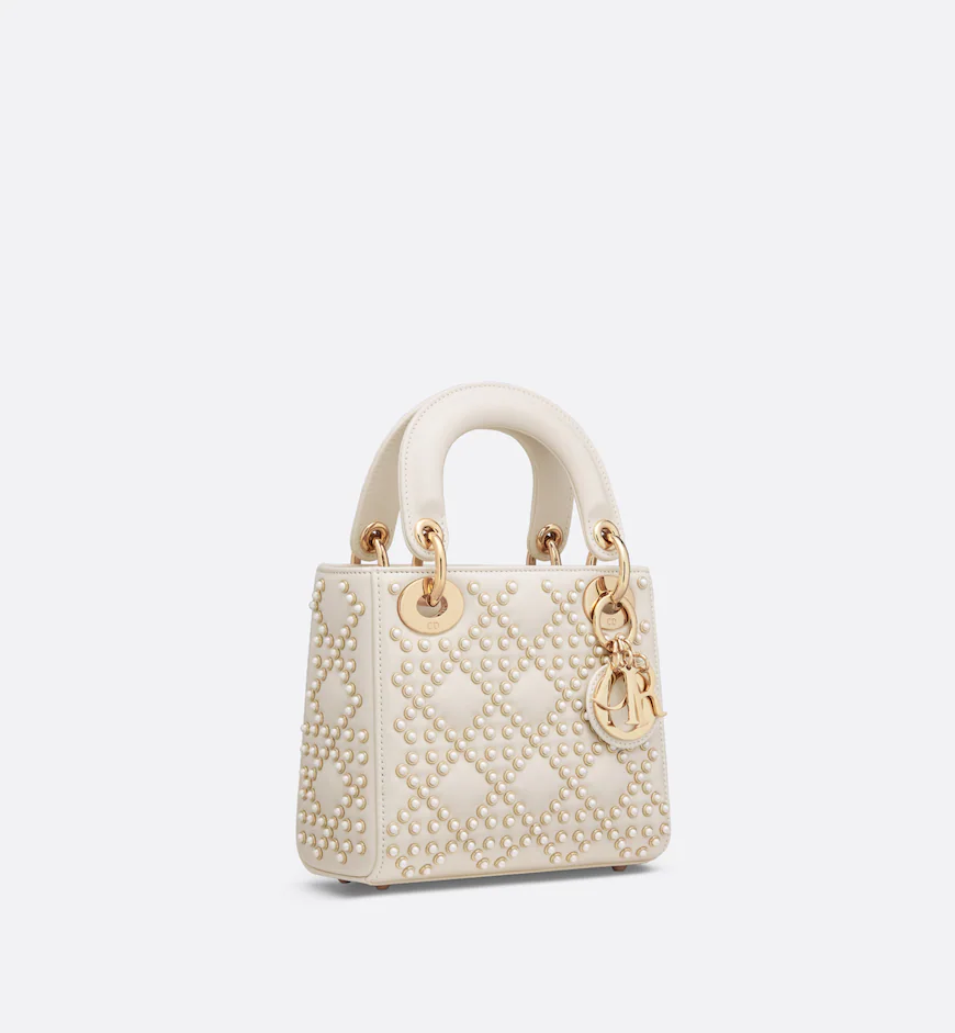 DIOR / MINI LADY DIOR BAG Latte Crinkle-Effect Lambskin with White Resin Half-Pearl Cannage Motif M0505OWFX_M941 - LITELUX