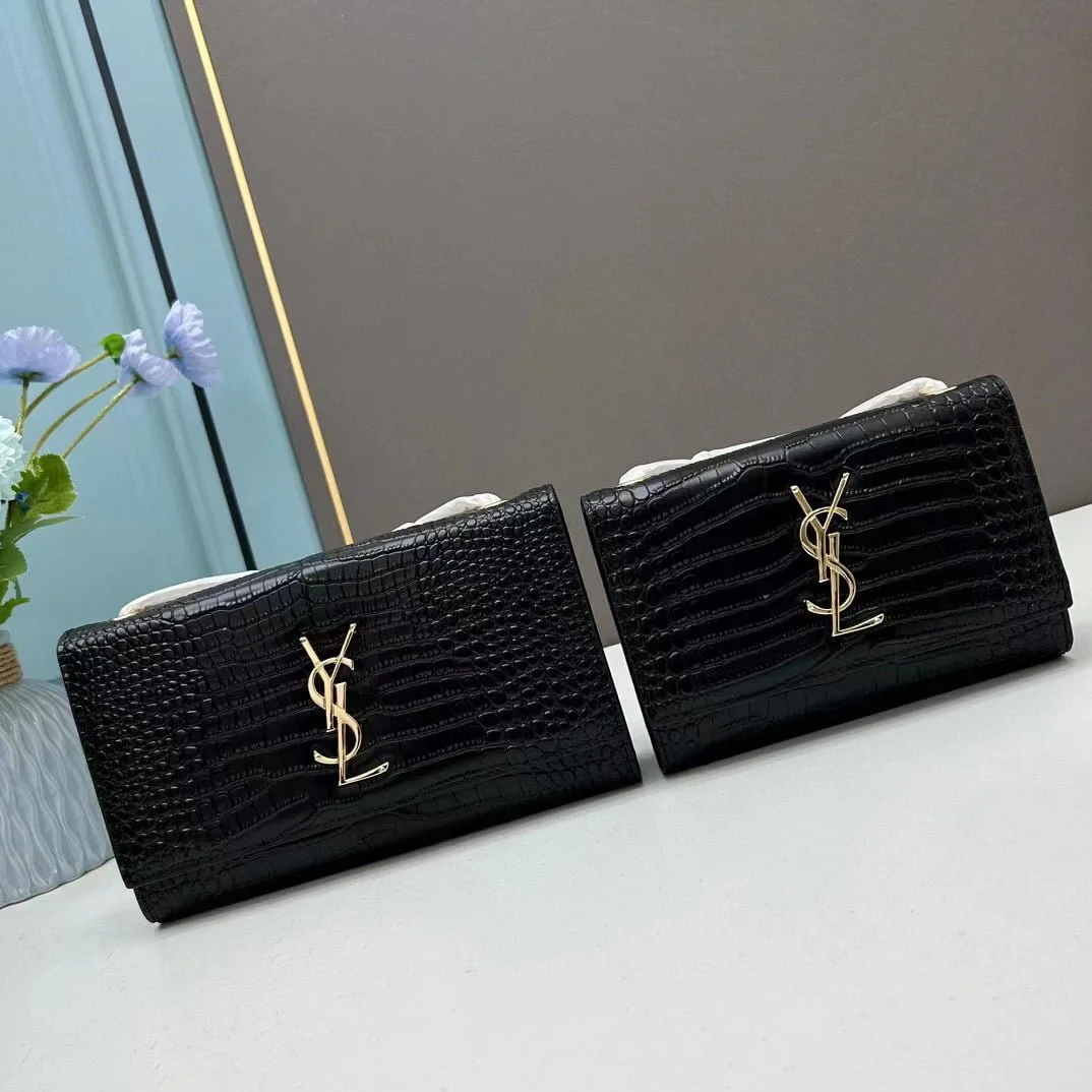 YSL Kat crocodile chain strap shoulder bag with gold hardware 7219 black size: 20*14*5cm/24*15*6cm - LITELUX