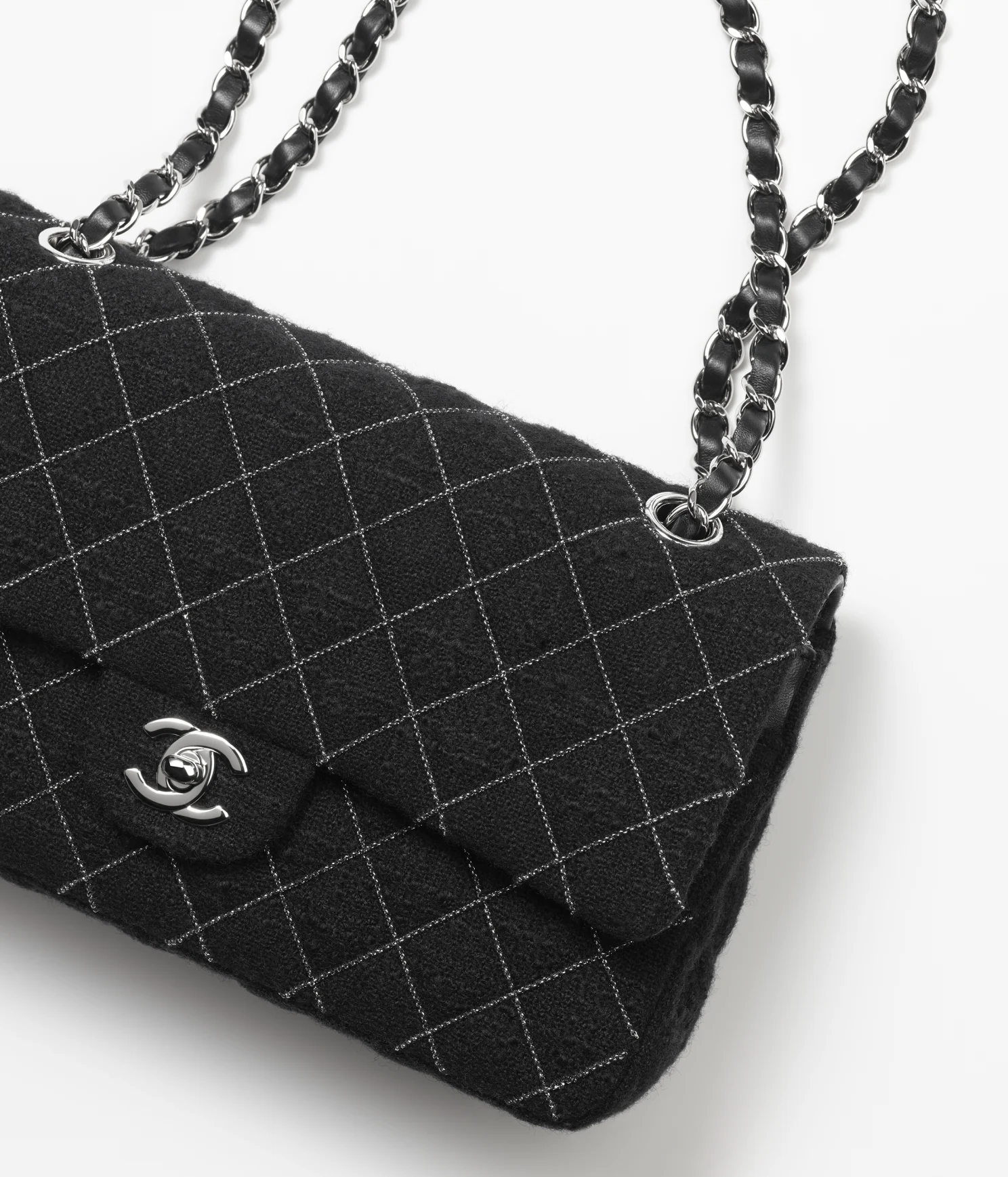 CHANEL / CLASSIC HANDBAG Wool Tweed & Silver-Tone Metal Black - LITELUX