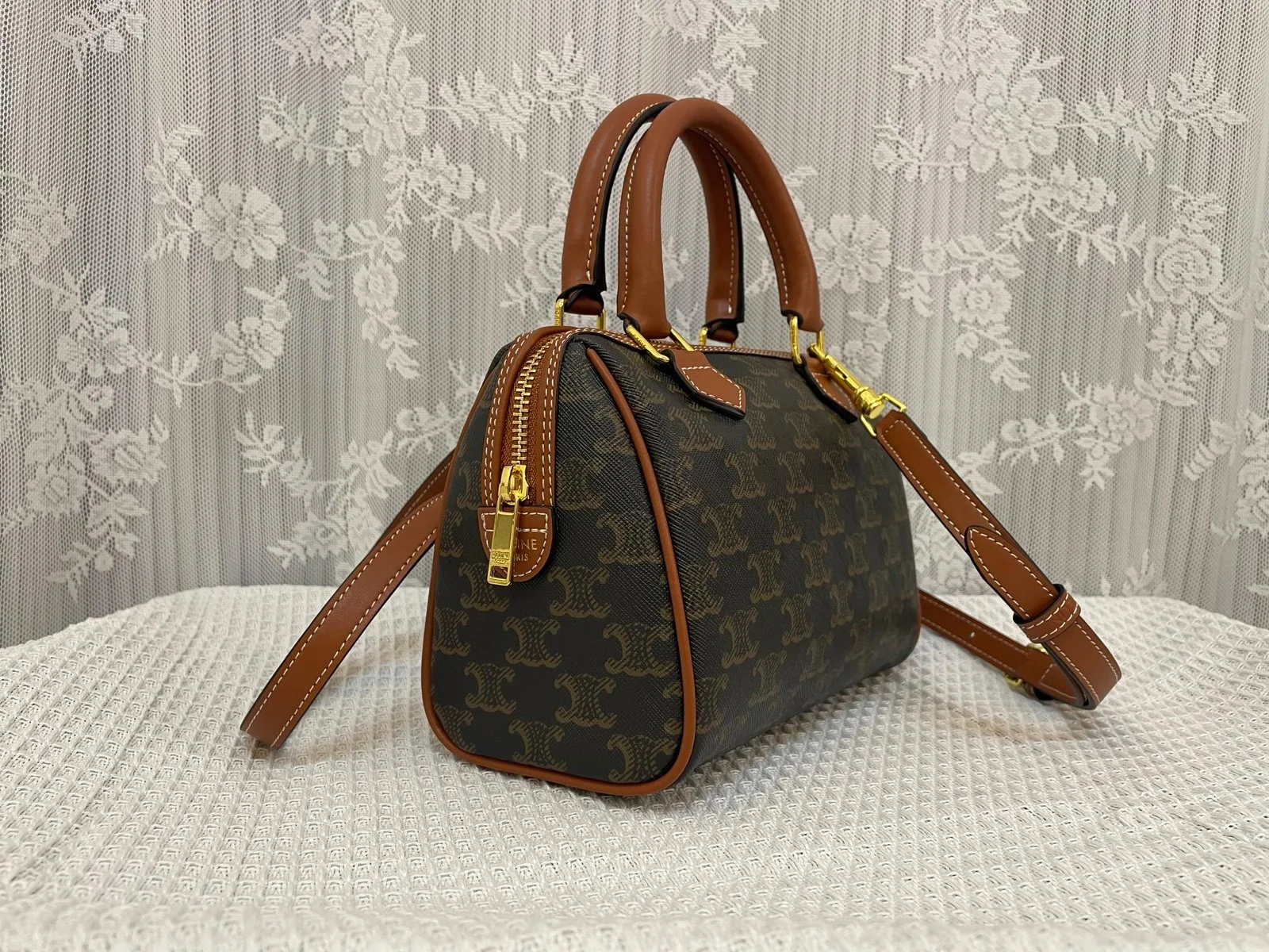 CELINE Leather Boston bag TRIOMPHE CANVAS yellowish-brown 3116 Size:19.5*14*7.5 cm - LITELUX