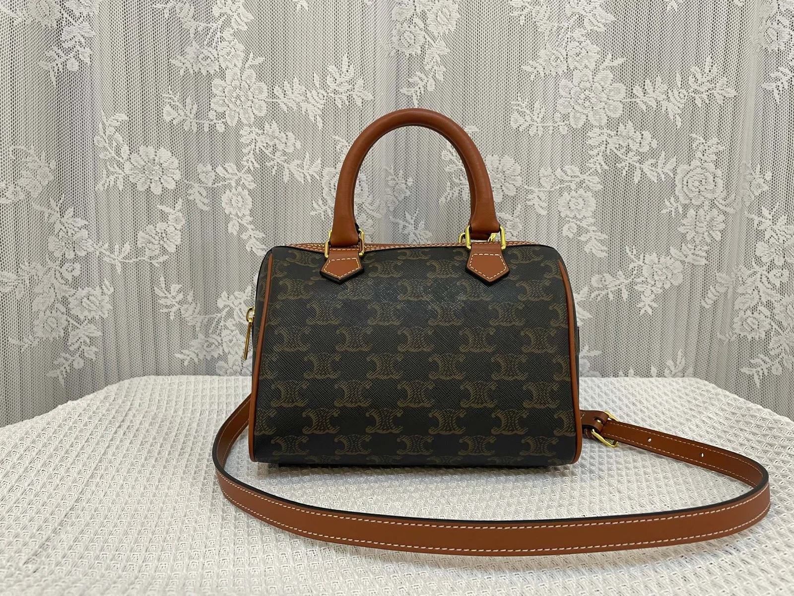 CELINE Leather Boston bag TRIOMPHE CANVAS yellowish-brown 3116 Size:19.5*14*7.5 cm - LITELUX