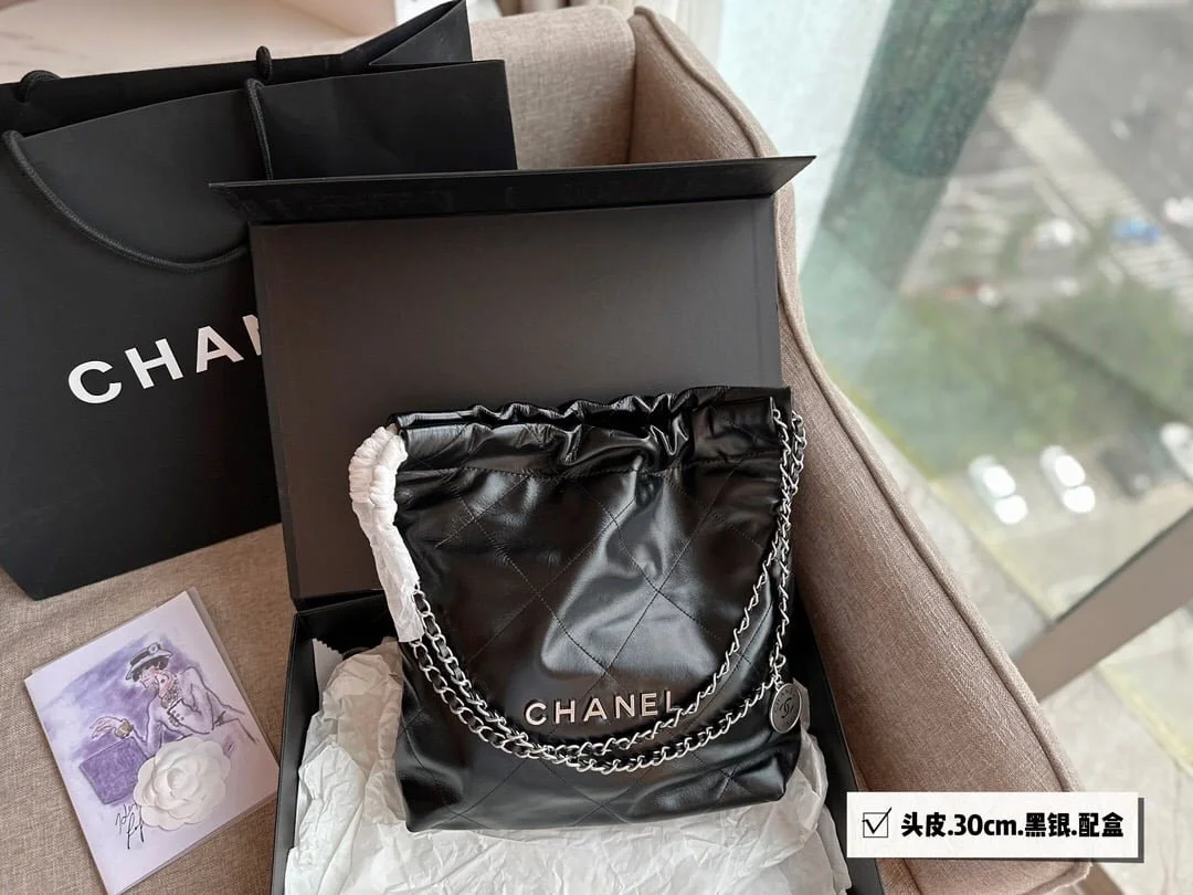CHANEL Pearl garbage bag black with sliver hardware size:30*32cm - LITELUX
