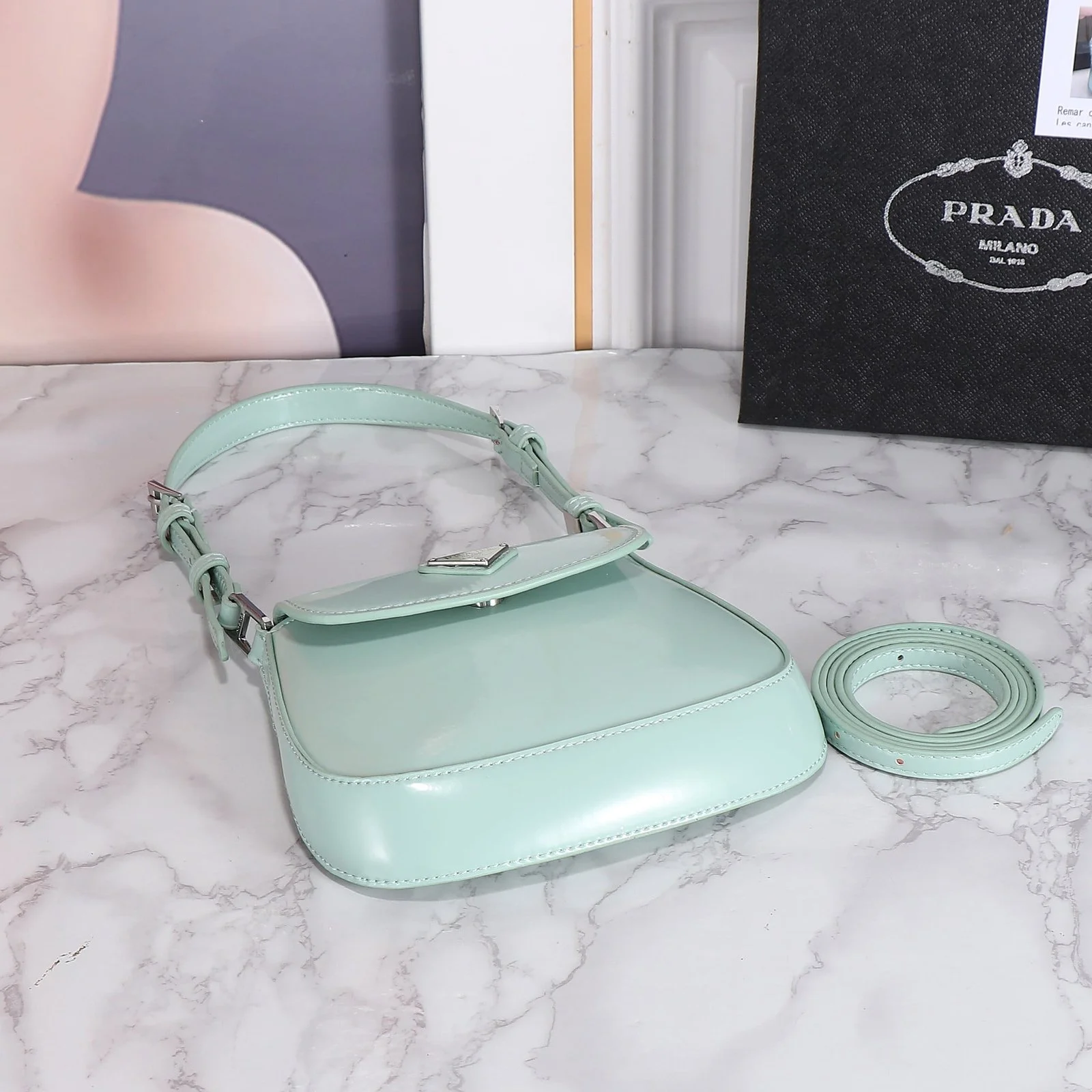 Prada hobo cleo Patent leather 611 Mint green size:22*13cm - LITELUX
