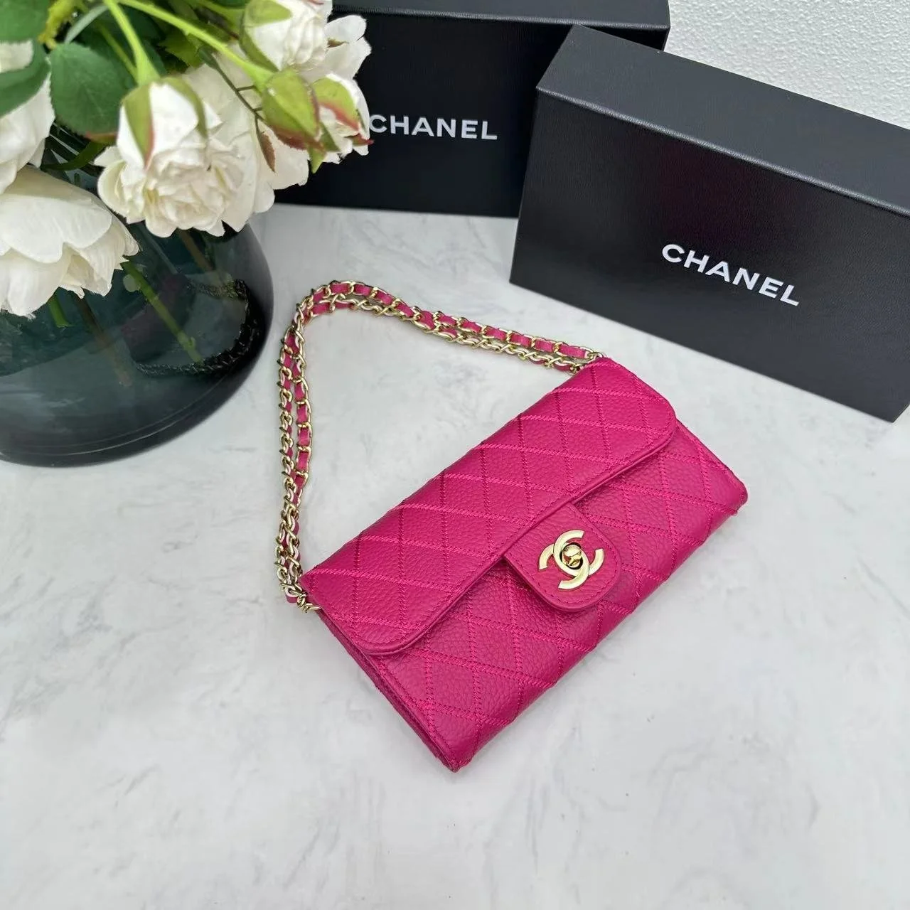 Chanel chain crossbody bag diamond and litchi cowhide Rose red 50098 size: 19*10*3.5cm - LITELUX