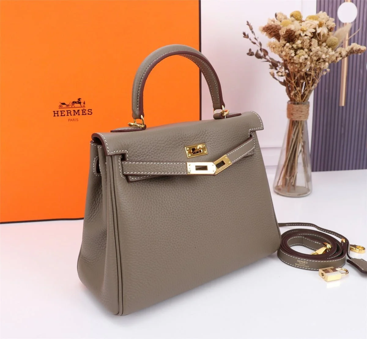 Hermès Kelly Togo Calf Gold hardware Elephant grey size: 25Cm/ 28Cm - LITELUX