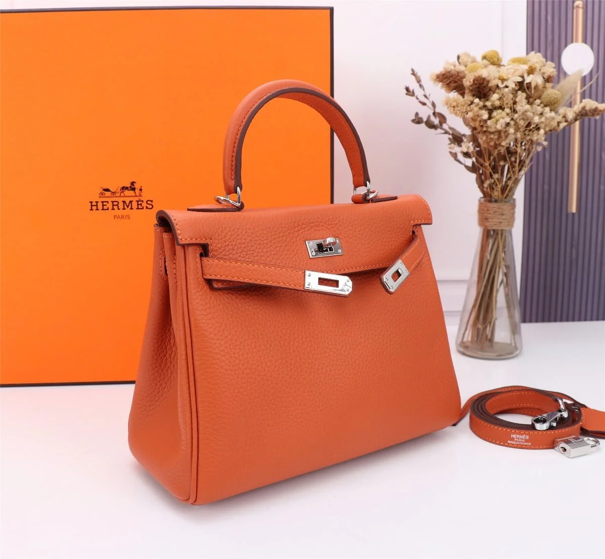 Hermès Kelly Togo Calf Sliver hardware Orange size: 25Cm/ 28Cm - LITELUX