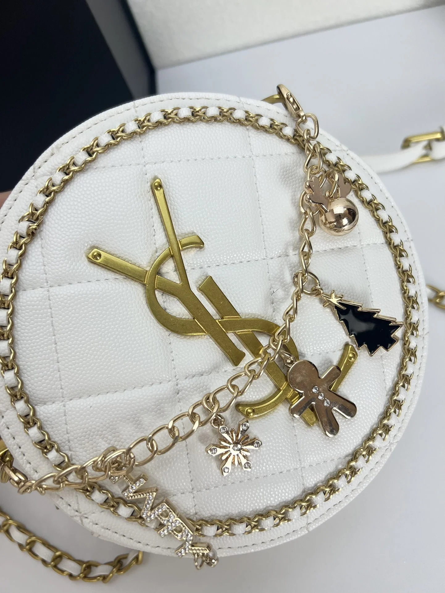 YSL round bun bag with chain strap white size: 17cm - LITELUX