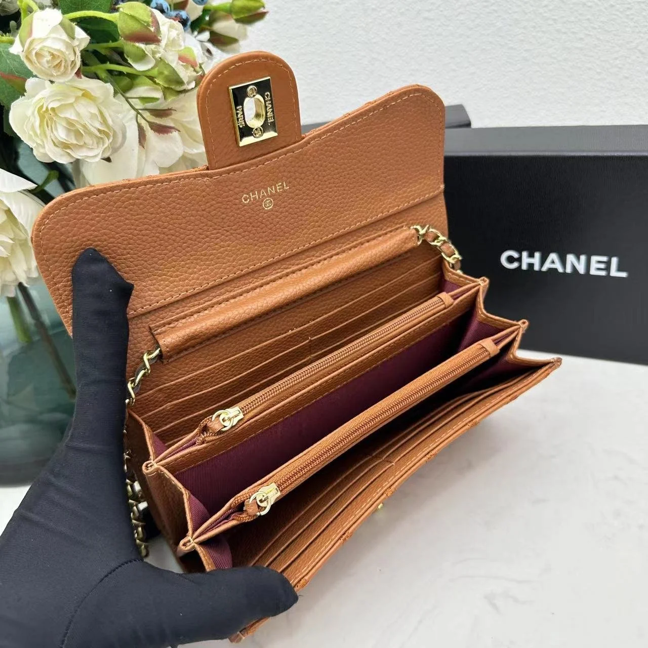 Chanel chain crossbody bag diamond and litchi cowhide Brown 50098 size: 19*10*3.5cm - LITELUX