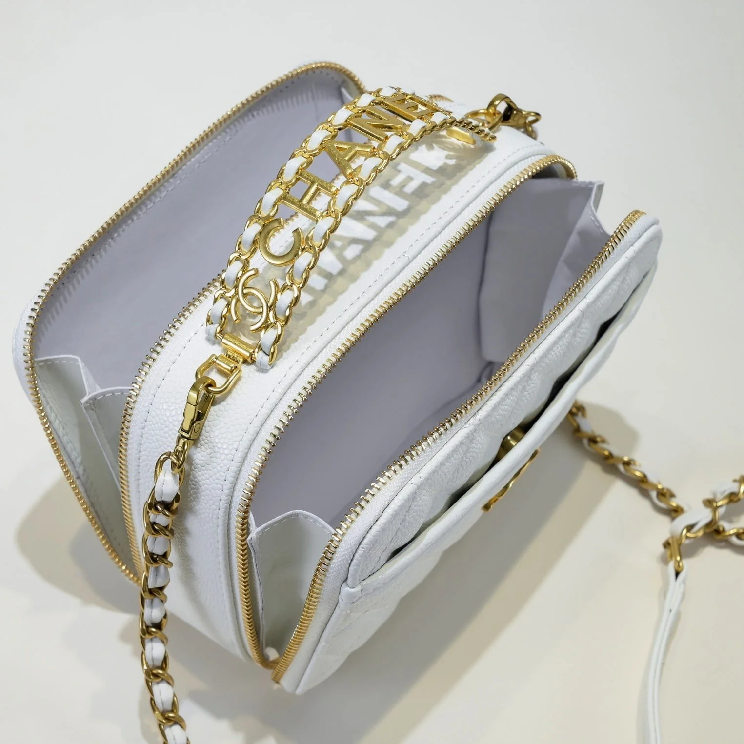 Chanel Caviar alphabet Camera chain crossbody White handle bag - LITELUX