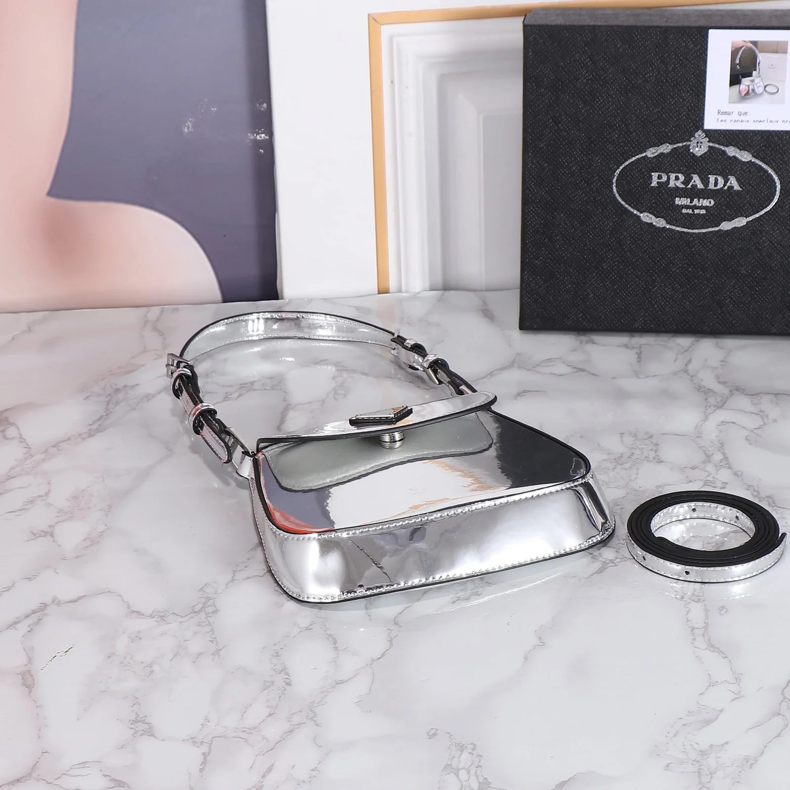 Prada hobo cleo Patent leather 611 sliver size:22*13cm - LITELUX