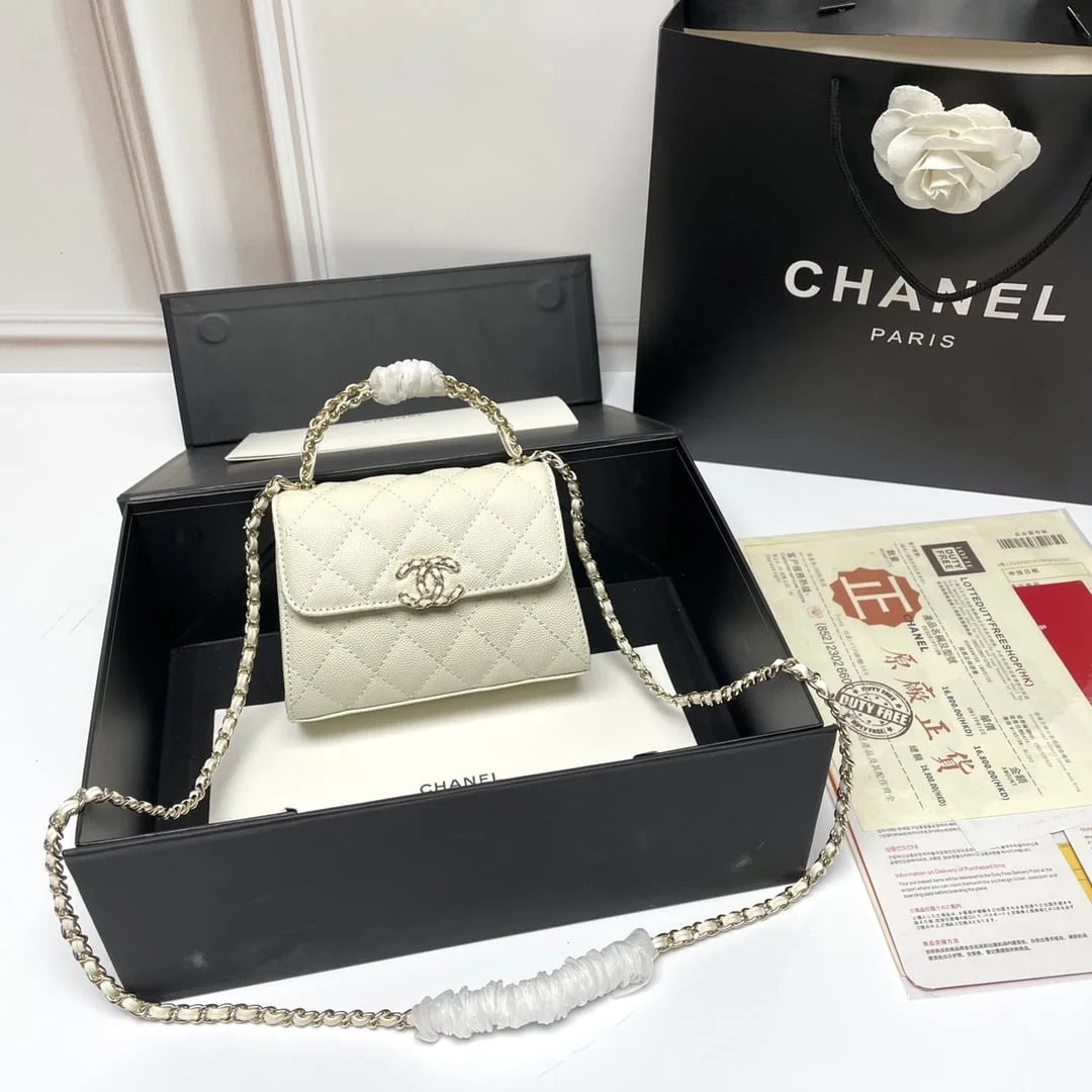 Chanel Black Horse Kelly Lichee cowhide long handle bag 9100 white size:19*10*4.5cm - LITELUX