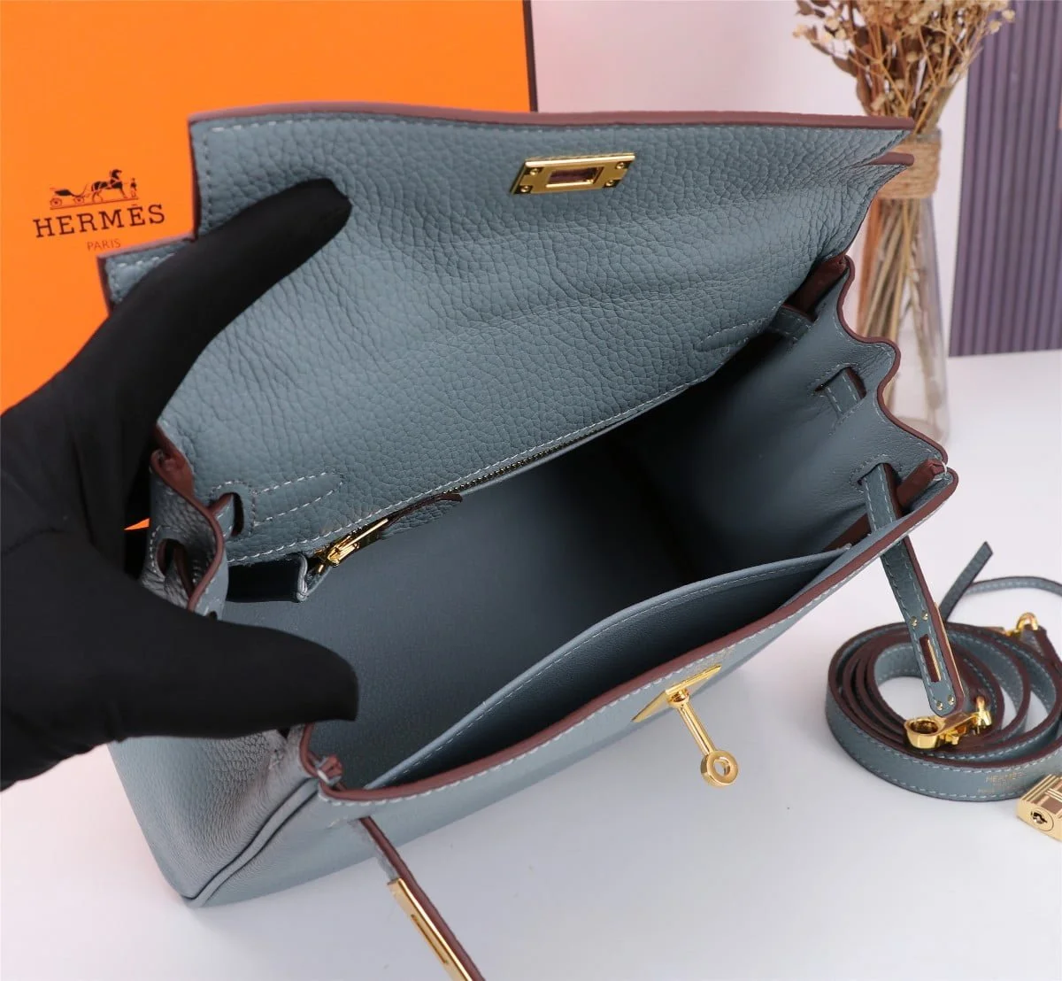 Hermès Kelly Togo Calf Gold hardware Linen blue size: 25Cm/ 28Cm - LITELUX