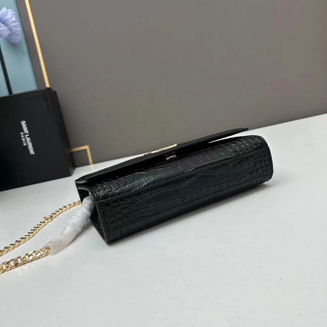 YSL Kat crocodile chain strap shoulder bag with gold hardware 7219 black size: 20*14*5cm/24*15*6cm - LITELUX