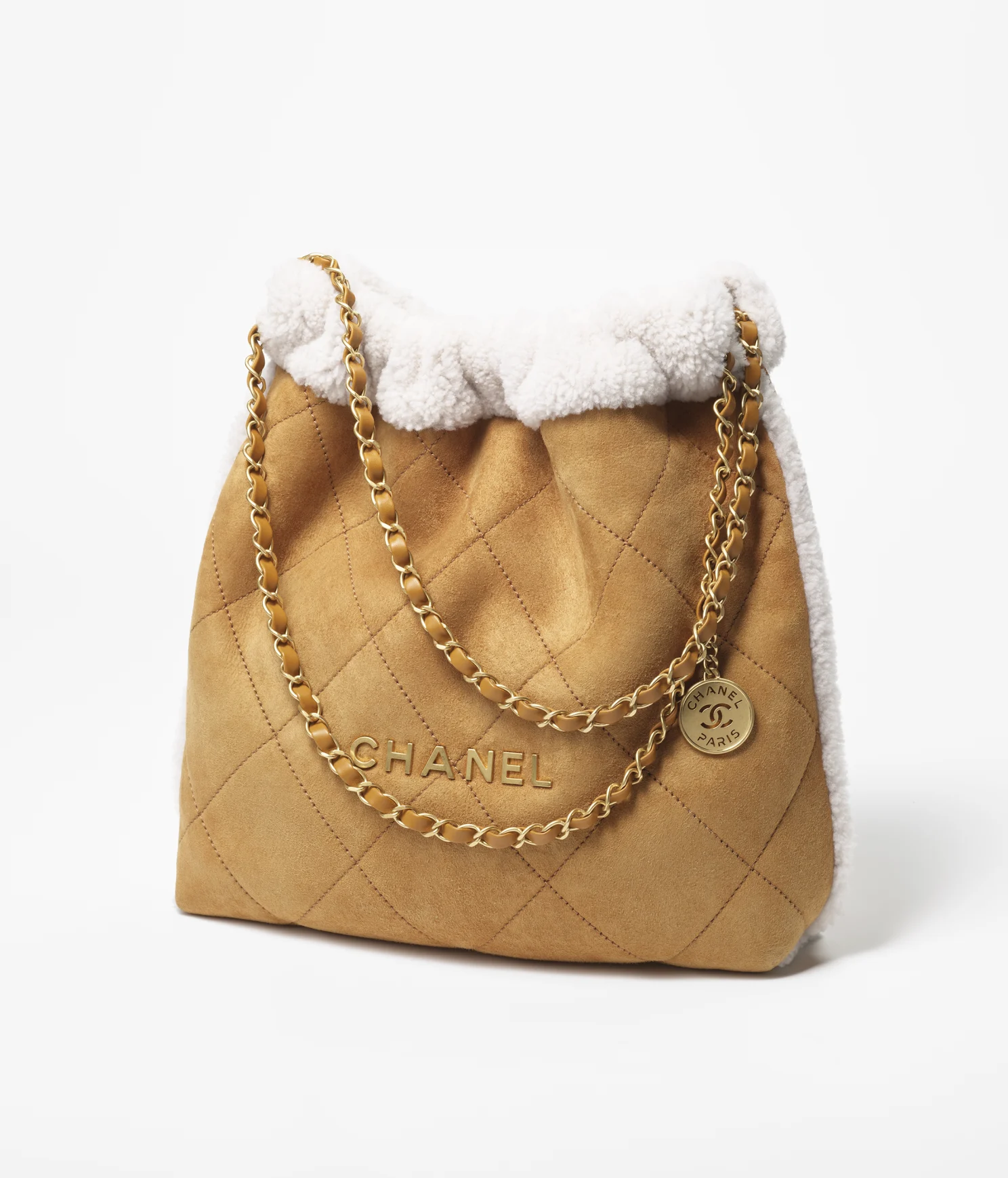 CHANEL / CHANEL 22 HANDBAG Shearling Suede Lambskin & Gold-Tone Metal Beige & White - LITELUX