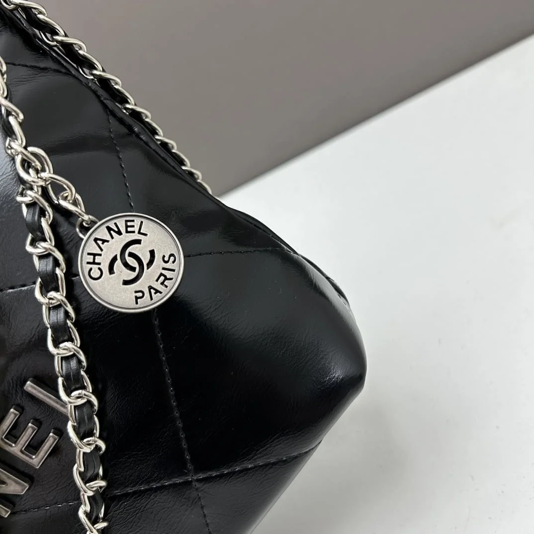 CHANEL Pearl garbage bag black with sliver hardware size: 23*28*22*7cm - LITELUX
