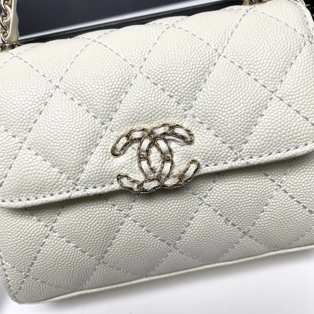 Chanel Black Horse Kelly Lichee cowhide long handle bag 9100 white size:19*10*4.5cm - LITELUX