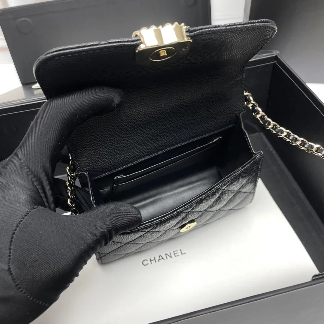 Chanel Black Horse Kelly Lichee cowhide long handle bag 9100 black size:19*10*4.5cm - LITELUX