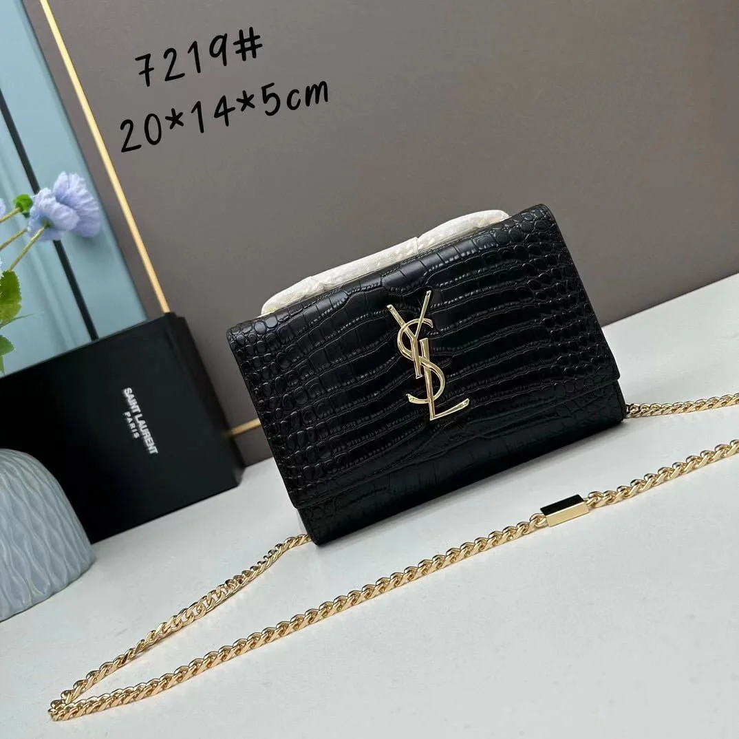 YSL Kat crocodile chain strap shoulder bag with gold hardware 7219 black size: 20*14*5cm/24*15*6cm - LITELUX