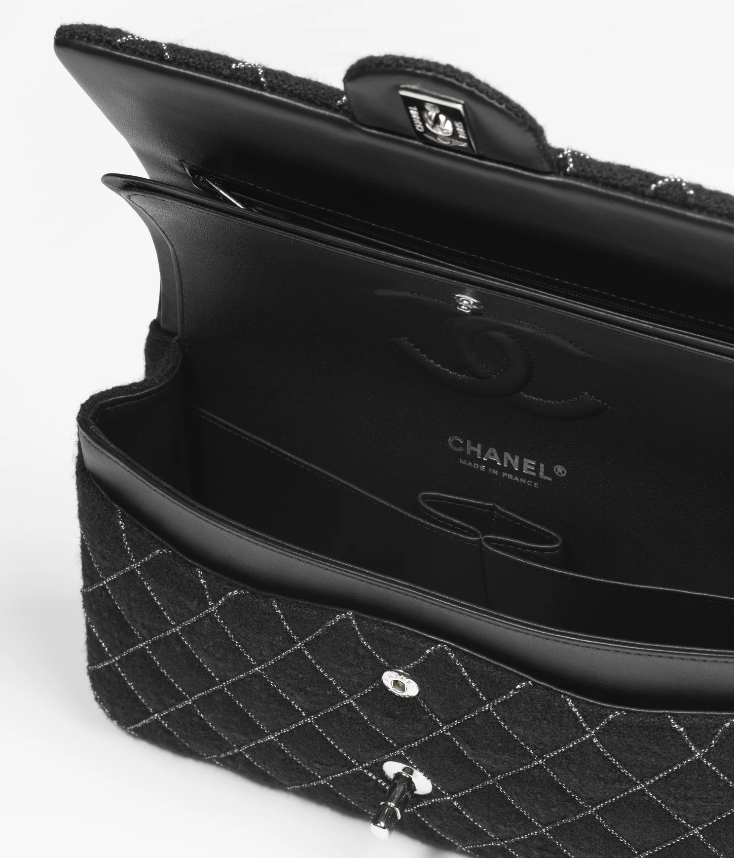 CHANEL / CLASSIC HANDBAG Wool Tweed & Silver-Tone Metal Black - LITELUX