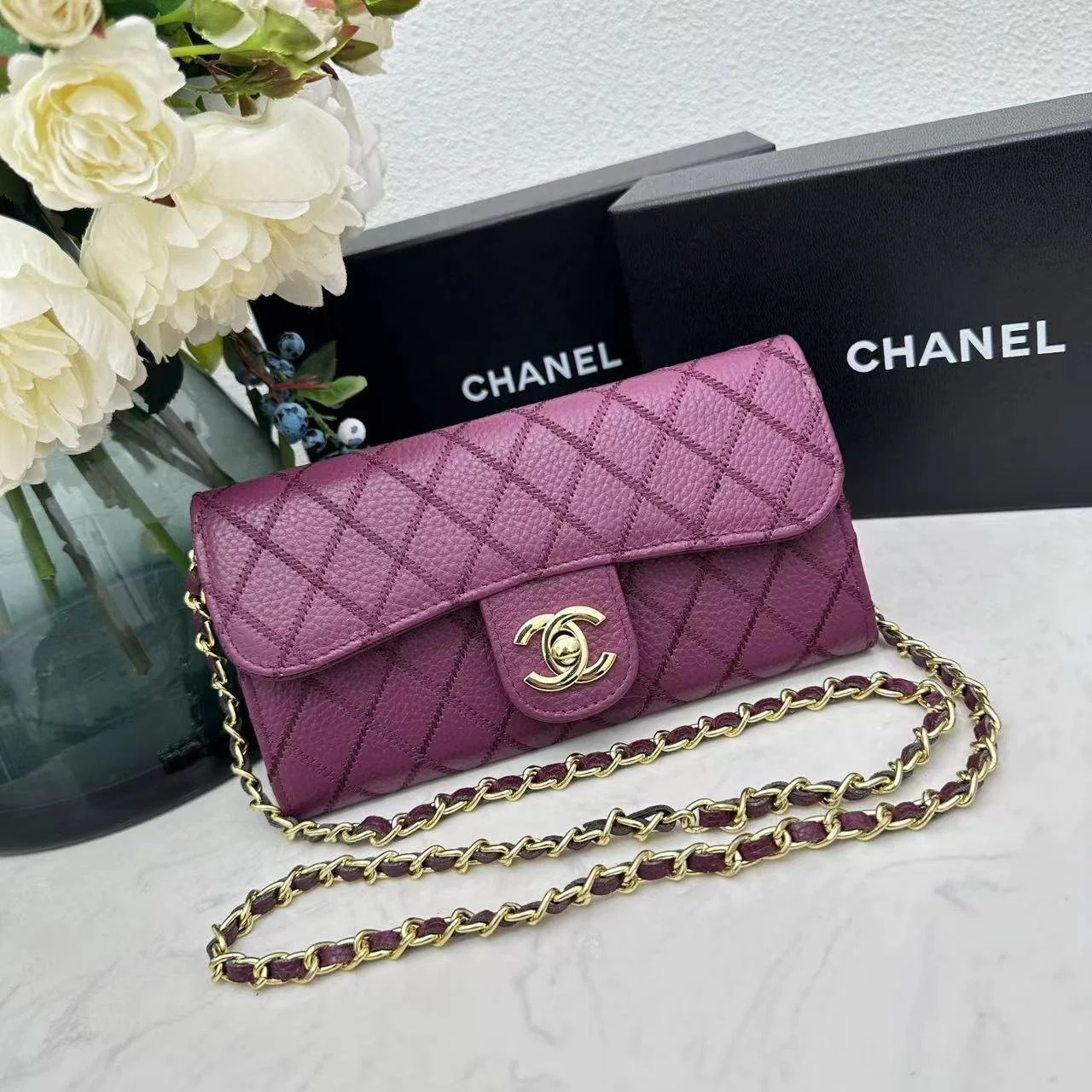 Chanel chain crossbody bag diamond and litchi cowhide purple 50098 size: 19*10*3.5cm - LITELUX