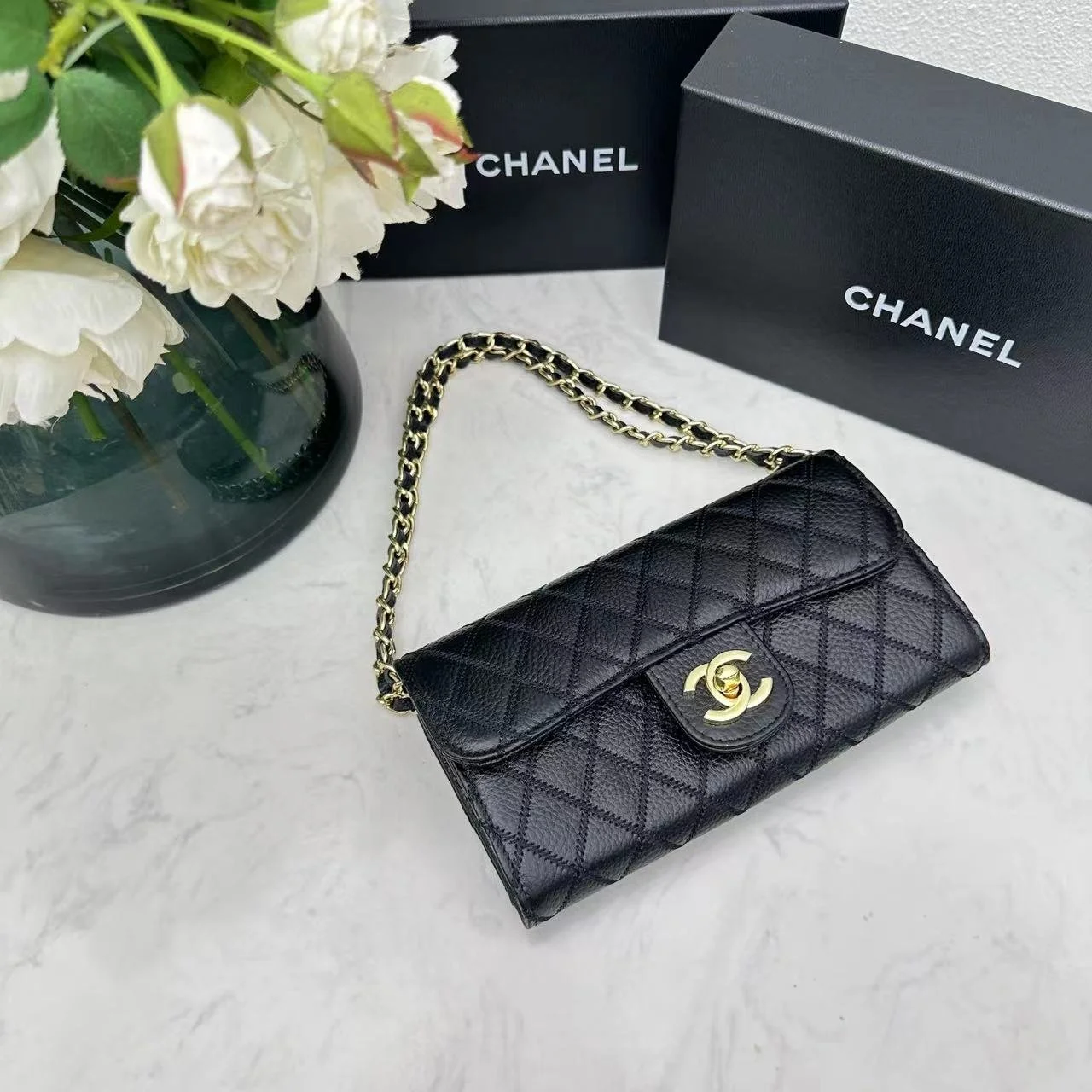 Chanel chain crossbody bag diamond and litchi cowhide Black 50098 size: 19*10*3.5cm - LITELUX