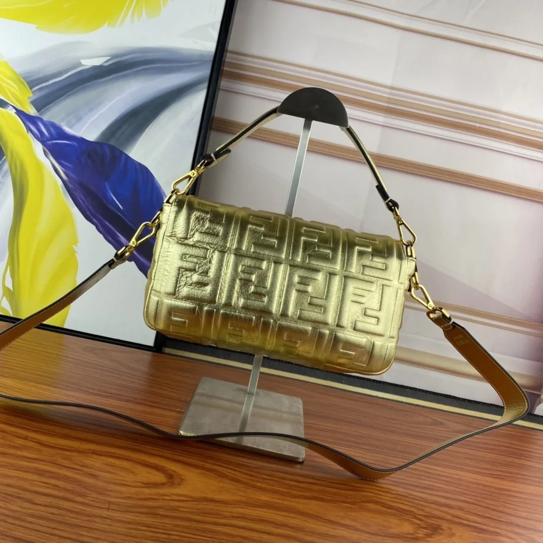 FENDI BAGUETTE Embossed design Gold Handbag F0191 Size: 26x5x15cm - LITELUX