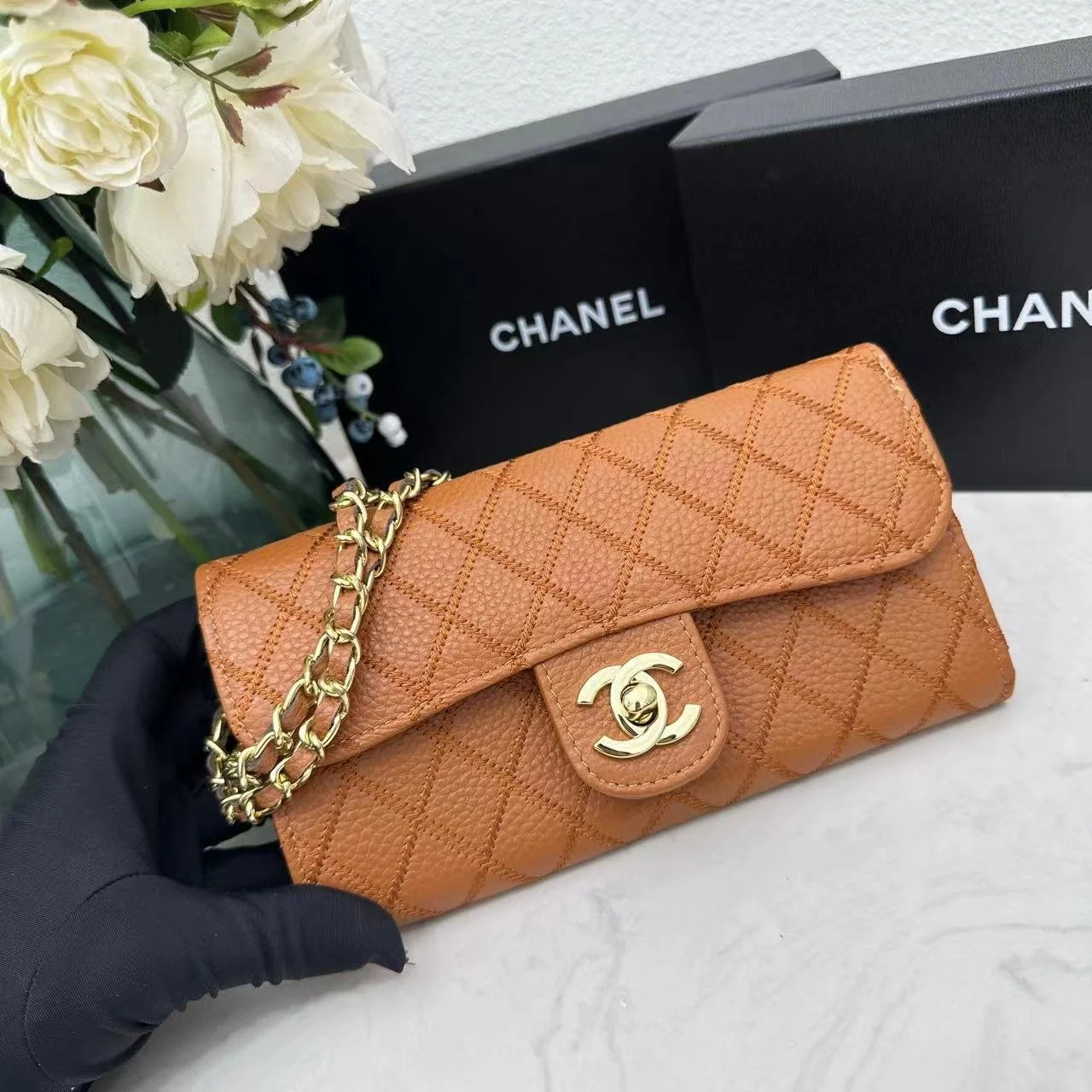 Chanel chain crossbody bag diamond and litchi cowhide Brown 50098 size: 19*10*3.5cm - LITELUX