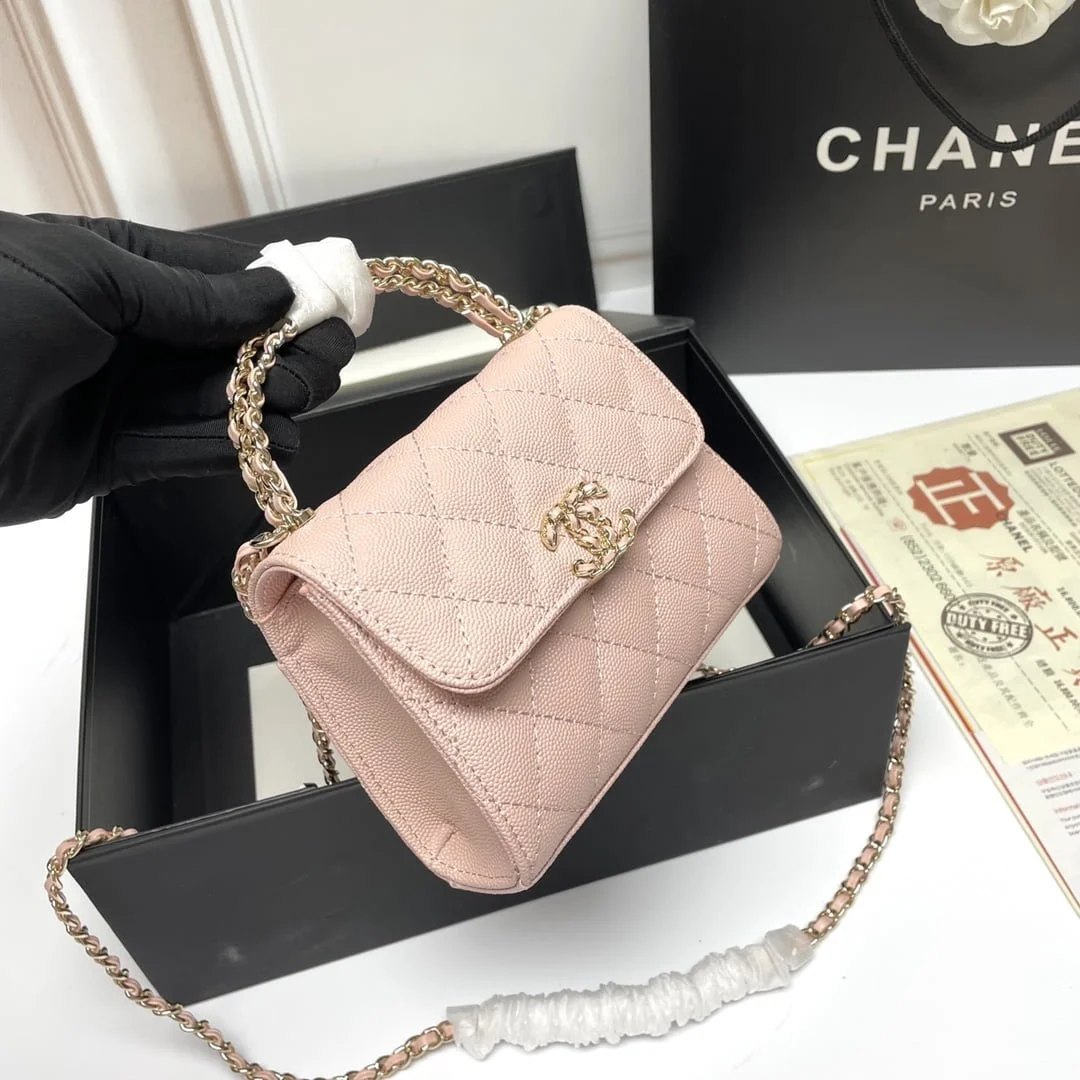 Chanel Black Horse Kelly Lichee cowhide long handle bag 9100 pink size:19*10*4.5cm - LITELUX