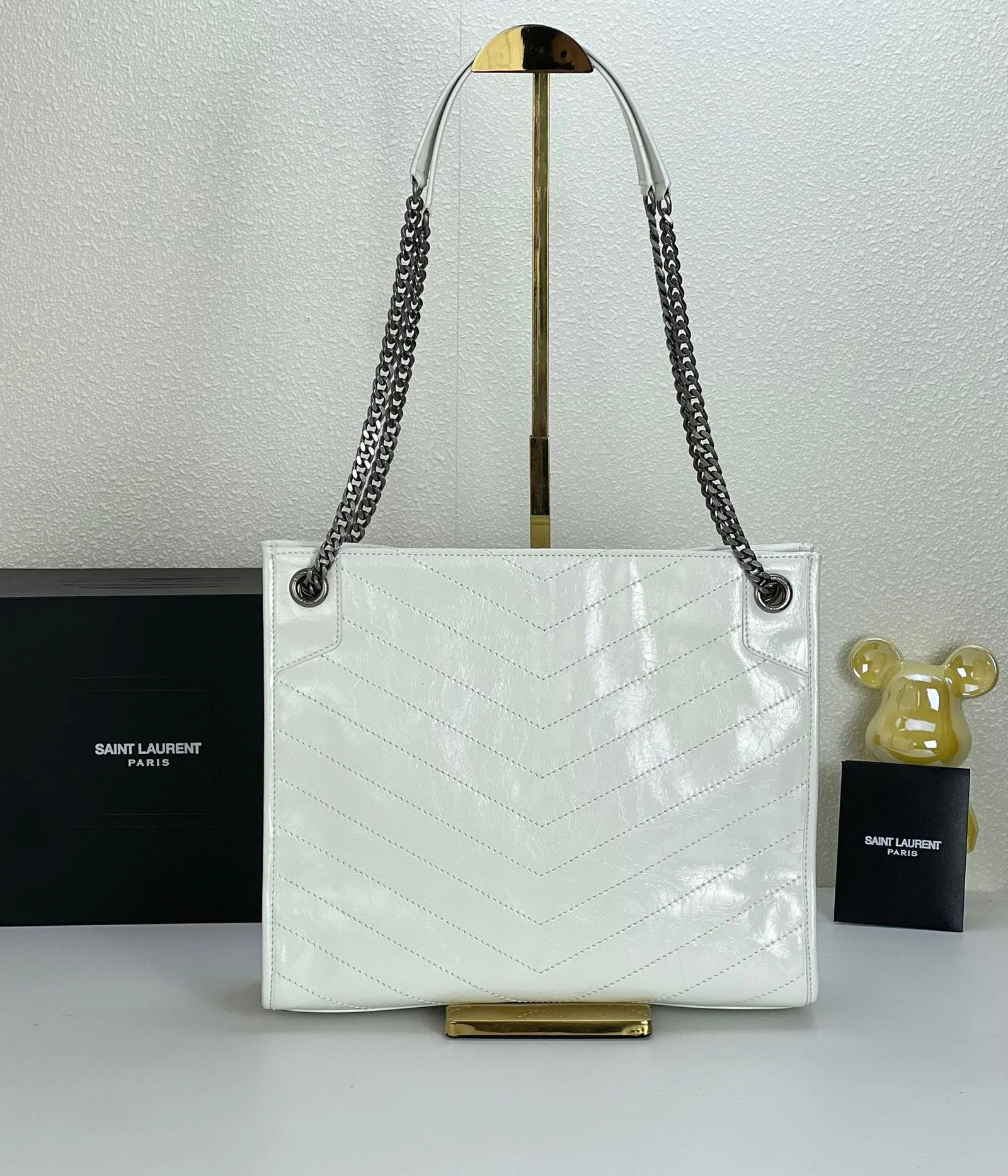 YSL NIKI Wrinkled retro oil wax skin Shoulder and backbody tote bag white 577999 size: 33*27*11.5 cm - LITELUX
