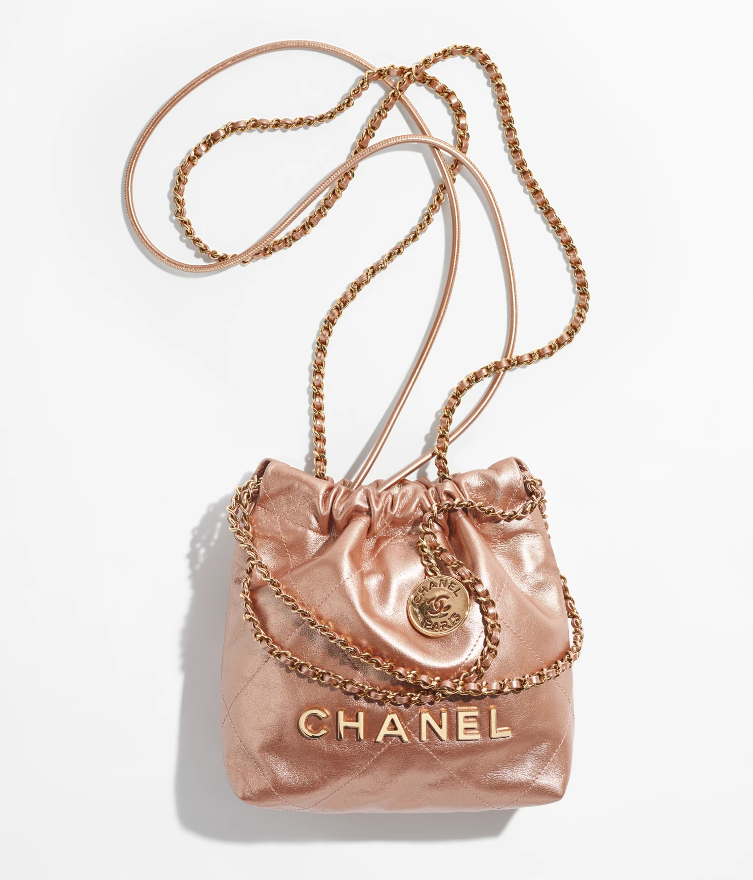 CHANEL / CHANEL 22 MINI HANDBAG Metallic Calfskin & Pink Gold-Tone Metal Copper Metallic Calfskin & Pink Gold-Tone Metal Copper - LITELUX