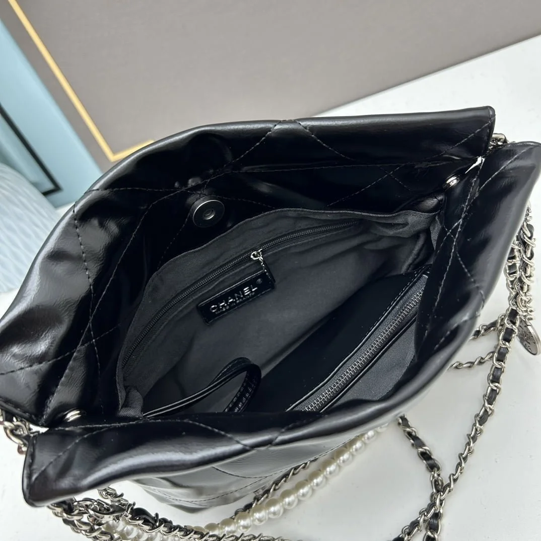 CHANEL Pearl garbage bag black with sliver hardware size: 23*28*22*7cm - LITELUX