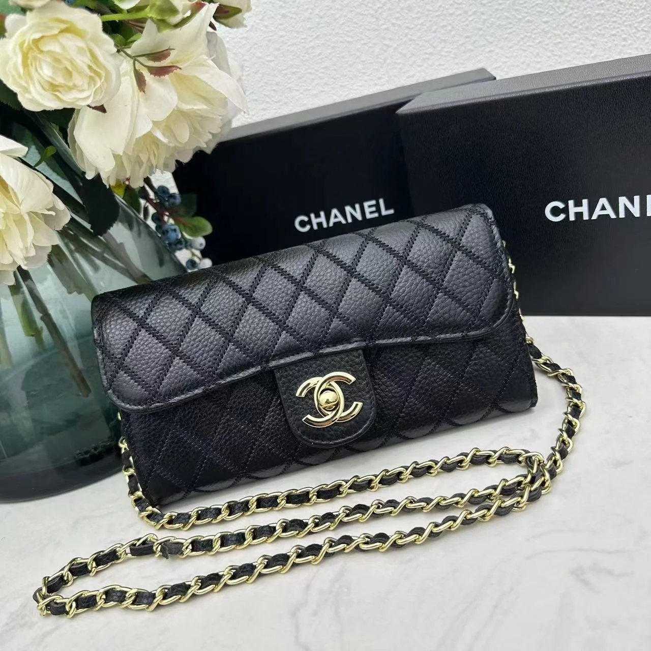 Chanel chain crossbody bag diamond and litchi cowhide Black 50098 size: 19*10*3.5cm - LITELUX