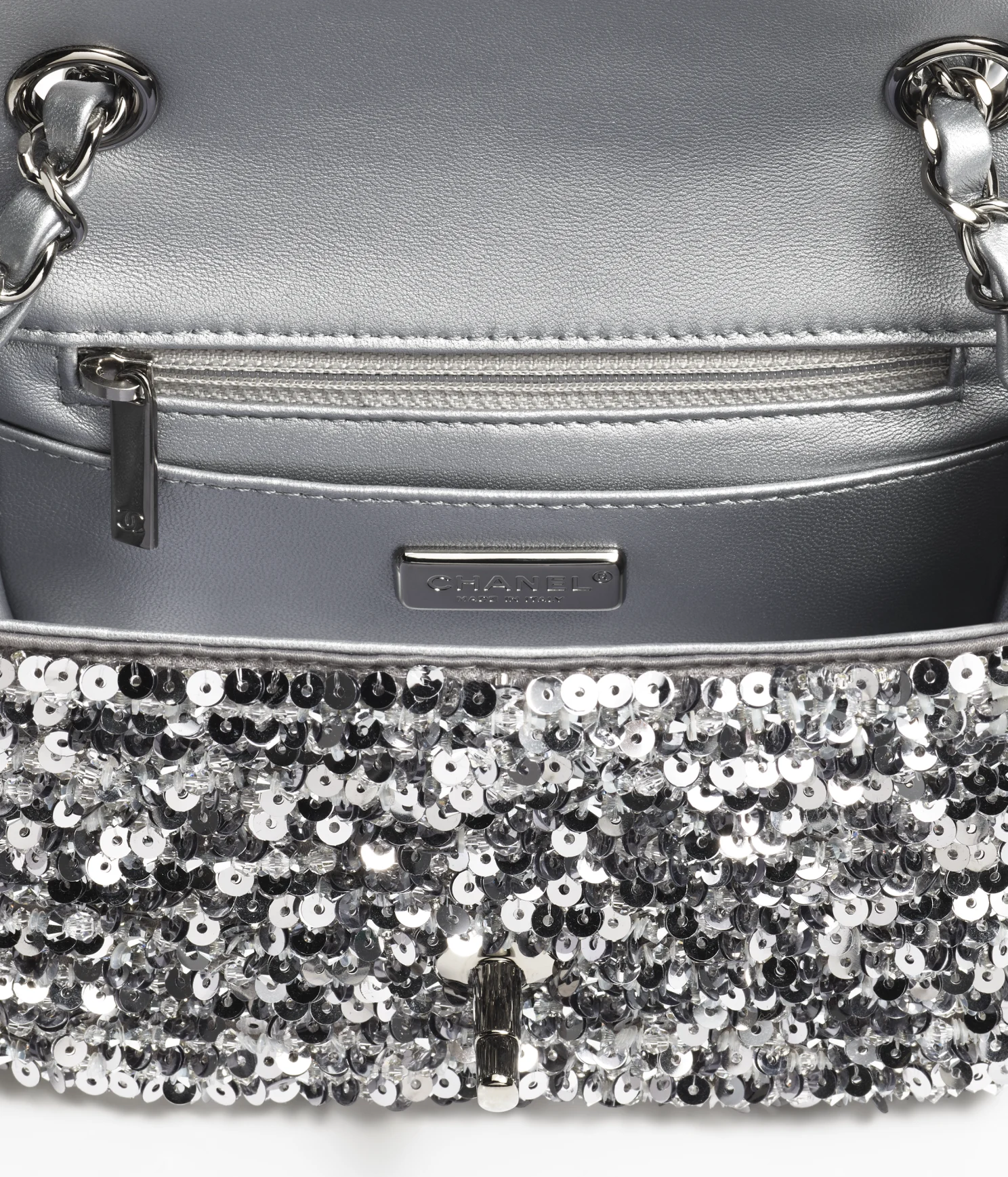 CHANEL / MINI FLAP BAG Embroidered Satin, Sequins, Glass Pearls & Ruthenium-Finish Metal Ref.  AS4269 B13685 NQ843 Silver - LITELUX