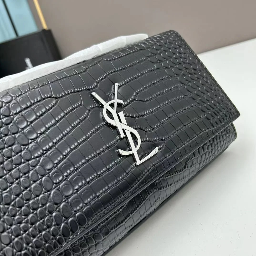 YSL Kat crocodile chain strap shoulder bag with sliver hardware 7219 black size: 20*14*5cm/24*15*6cm - LITELUX