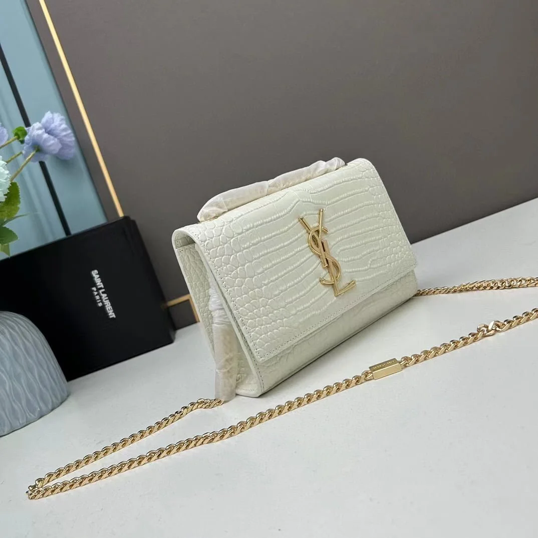 YSL Kat crocodile chain strap shoulder bag with gold hardware 7219 white size: 20*14*5cm/24*15*6cm - LITELUX