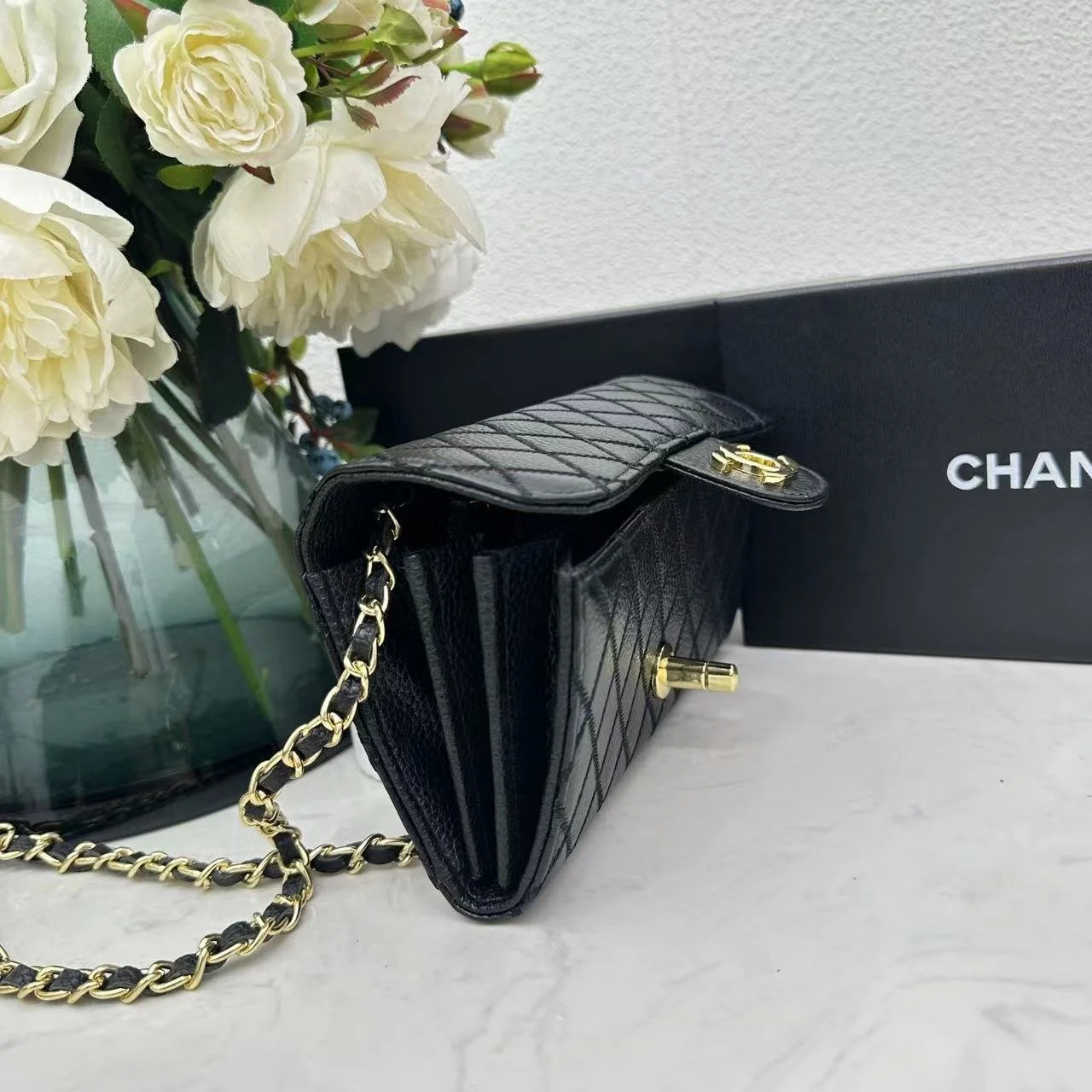 Chanel chain crossbody bag diamond and litchi cowhide Black 50098 size: 19*10*3.5cm - LITELUX