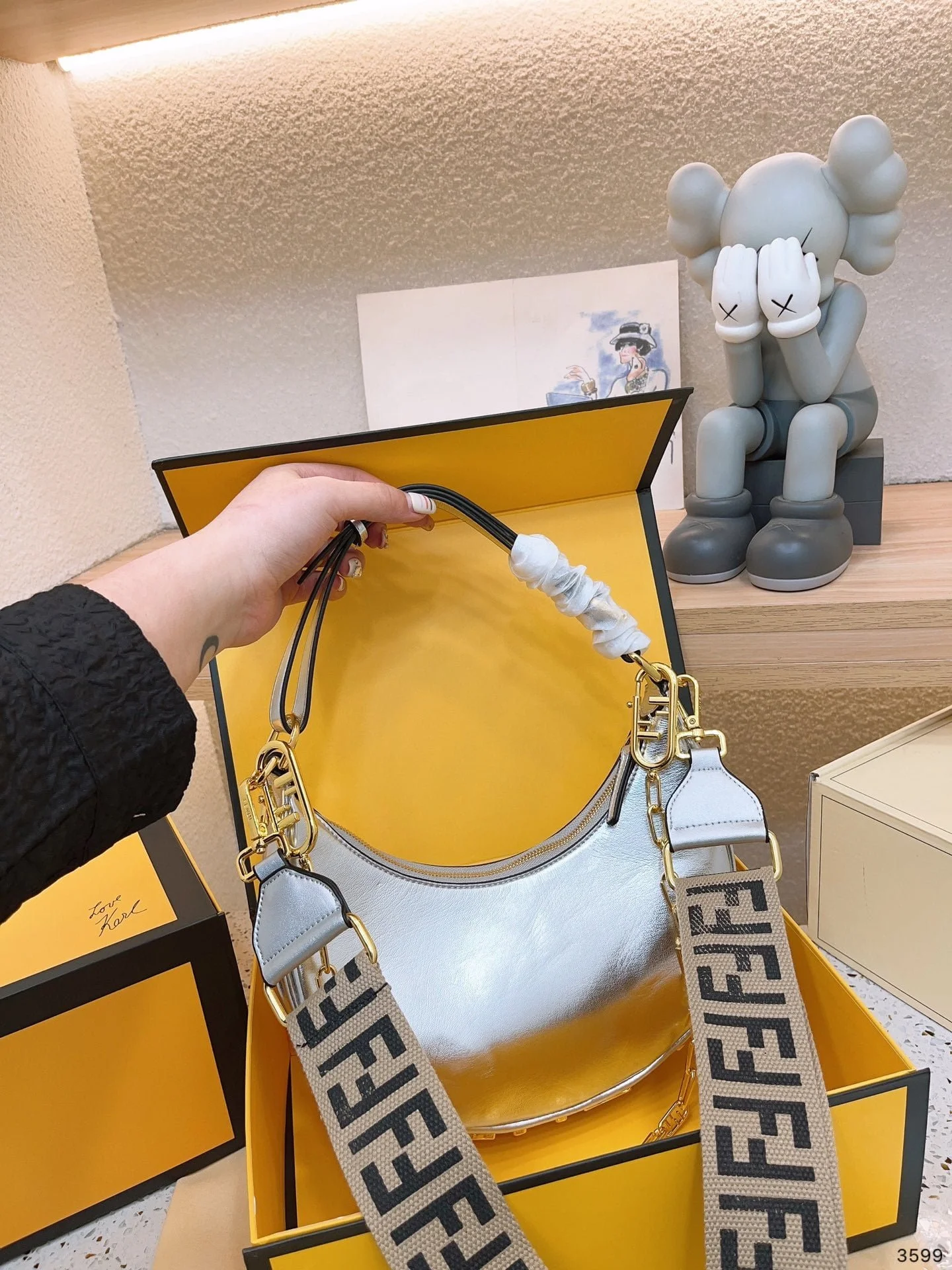 FENDI Patent leather half moon bag Sliver and gold with chain strap Size: 34*16cm - LITELUX